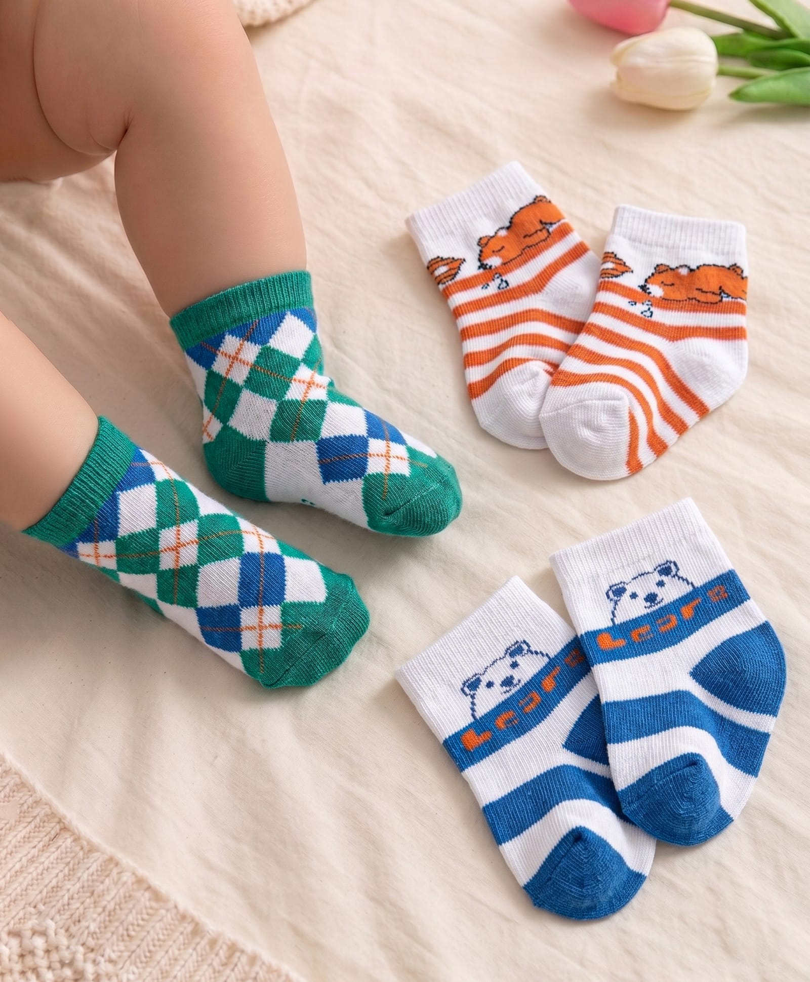 Cute Walk by Babyhug Anti-bacterial Ankle Length Striped & Animal Design Socks Pack of 3 - Blue Green & White-image-25