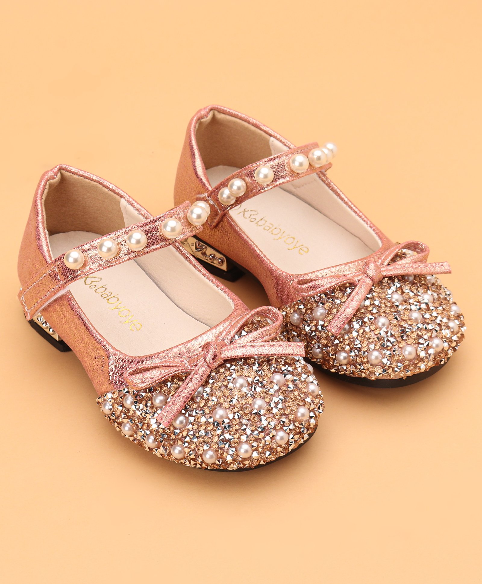 Babyoye Ballerinas with Velcro Closure Pearl Bow & Rhine Stones Detailing - Pink