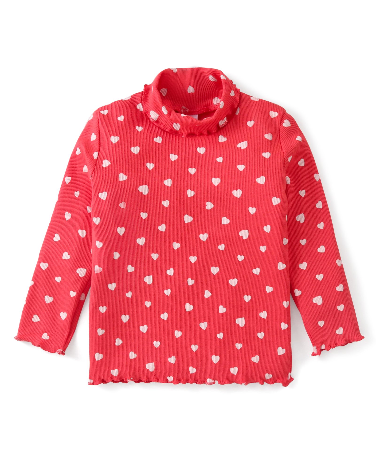 Babyhug Cotton Knit Full Sleeves Turtle Neck Top Heart Print- Red-image-31