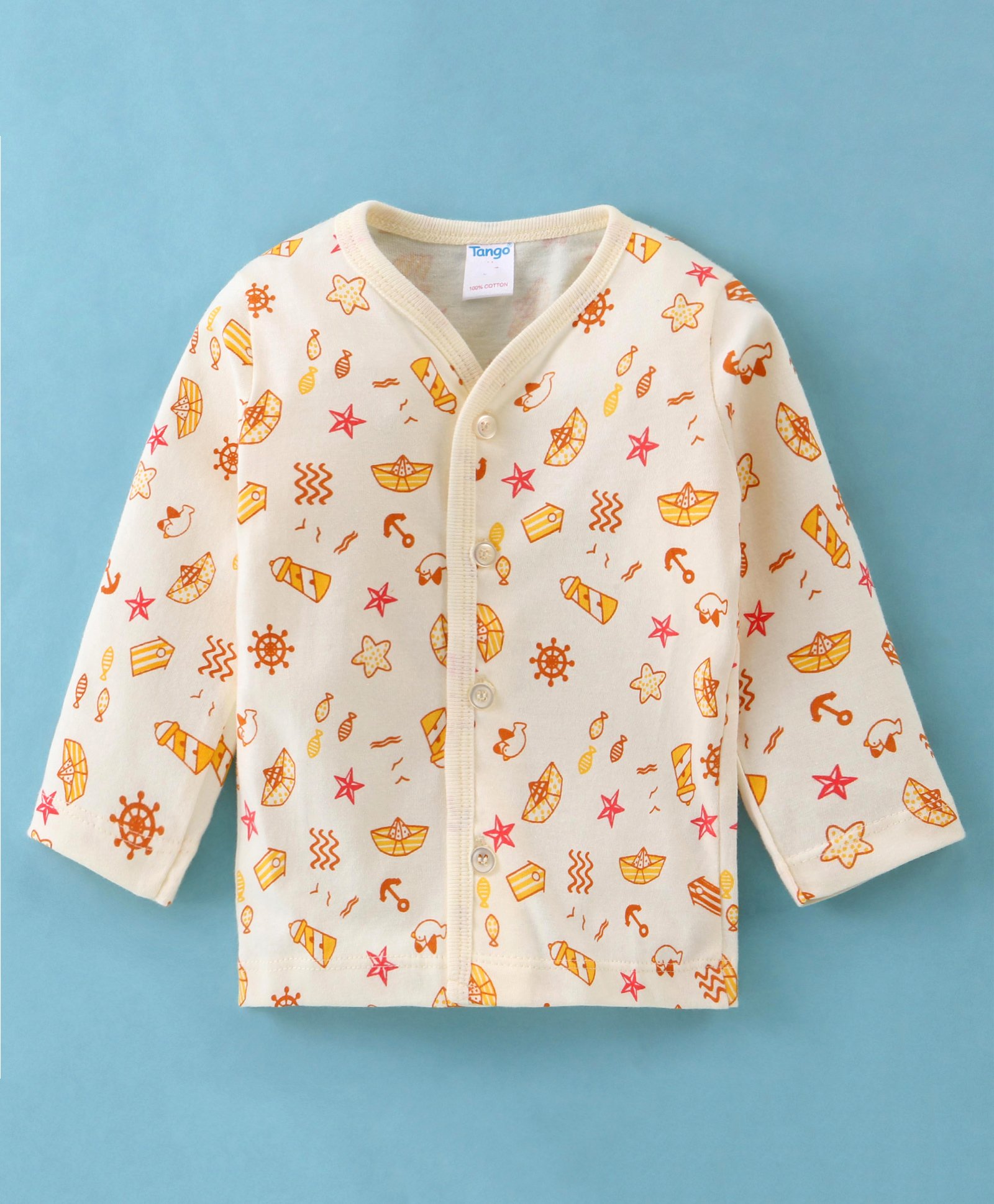 Tango Single Jersey Full Sleeves Front Open Jhabla With Nautical Theme Print - Cream-image-13