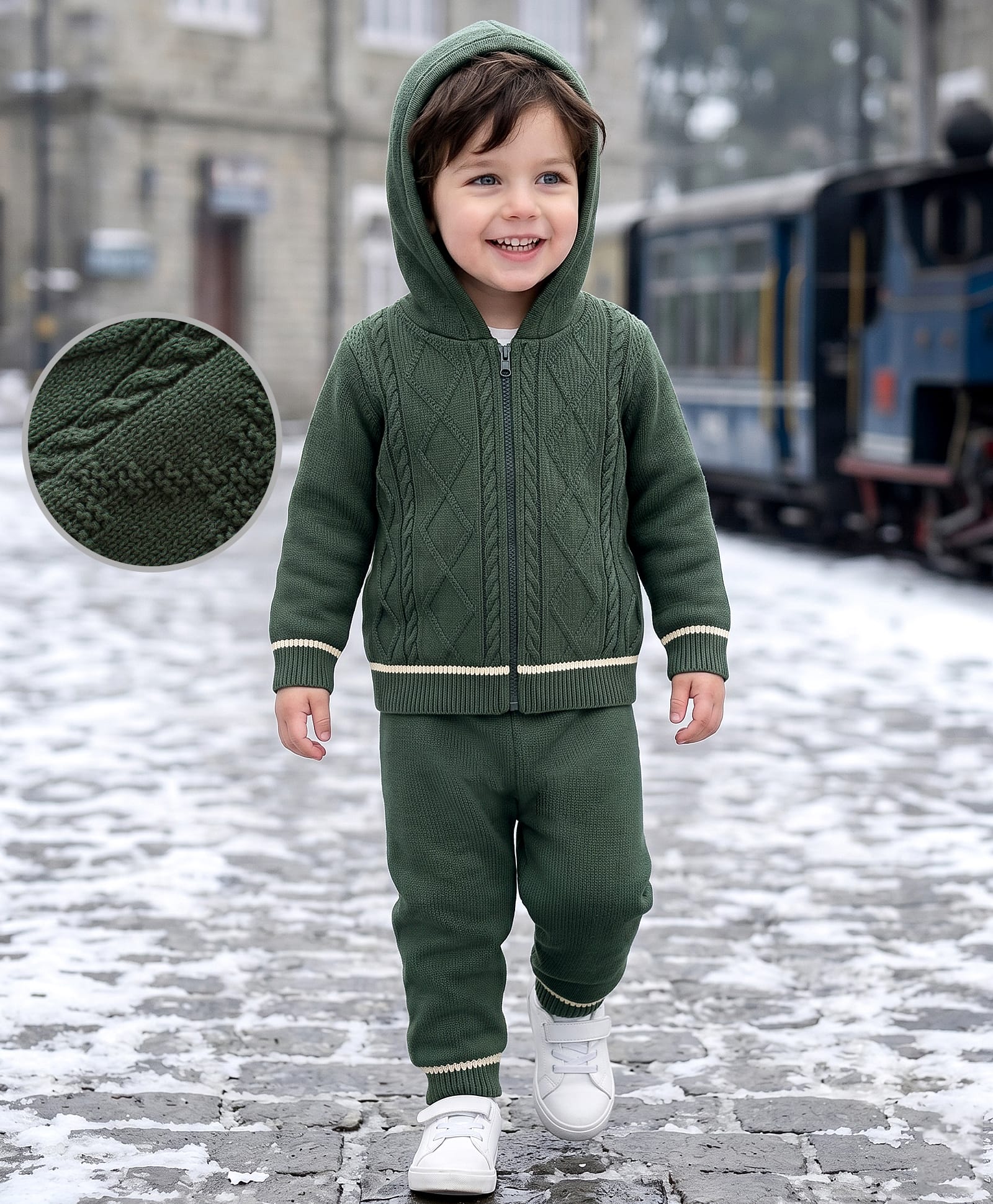 Babyoye 100% Cotton Knit Textured Full Sleeves Baby Sweater Set with Cable Knit Design - Green-image-46