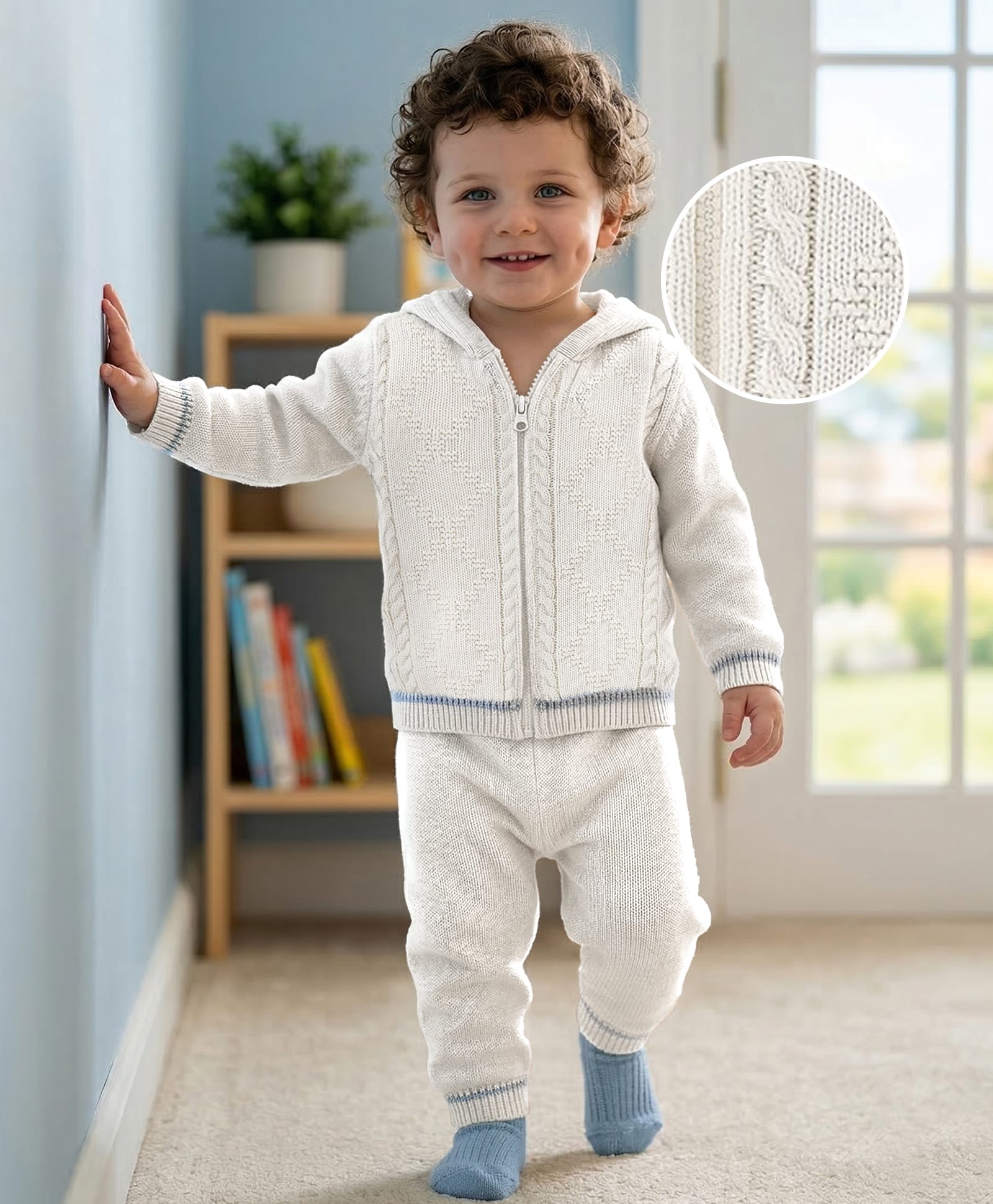 Babyoye 100% Cotton Knit Textured Full Sleeves Sweater Set - White-image-16
