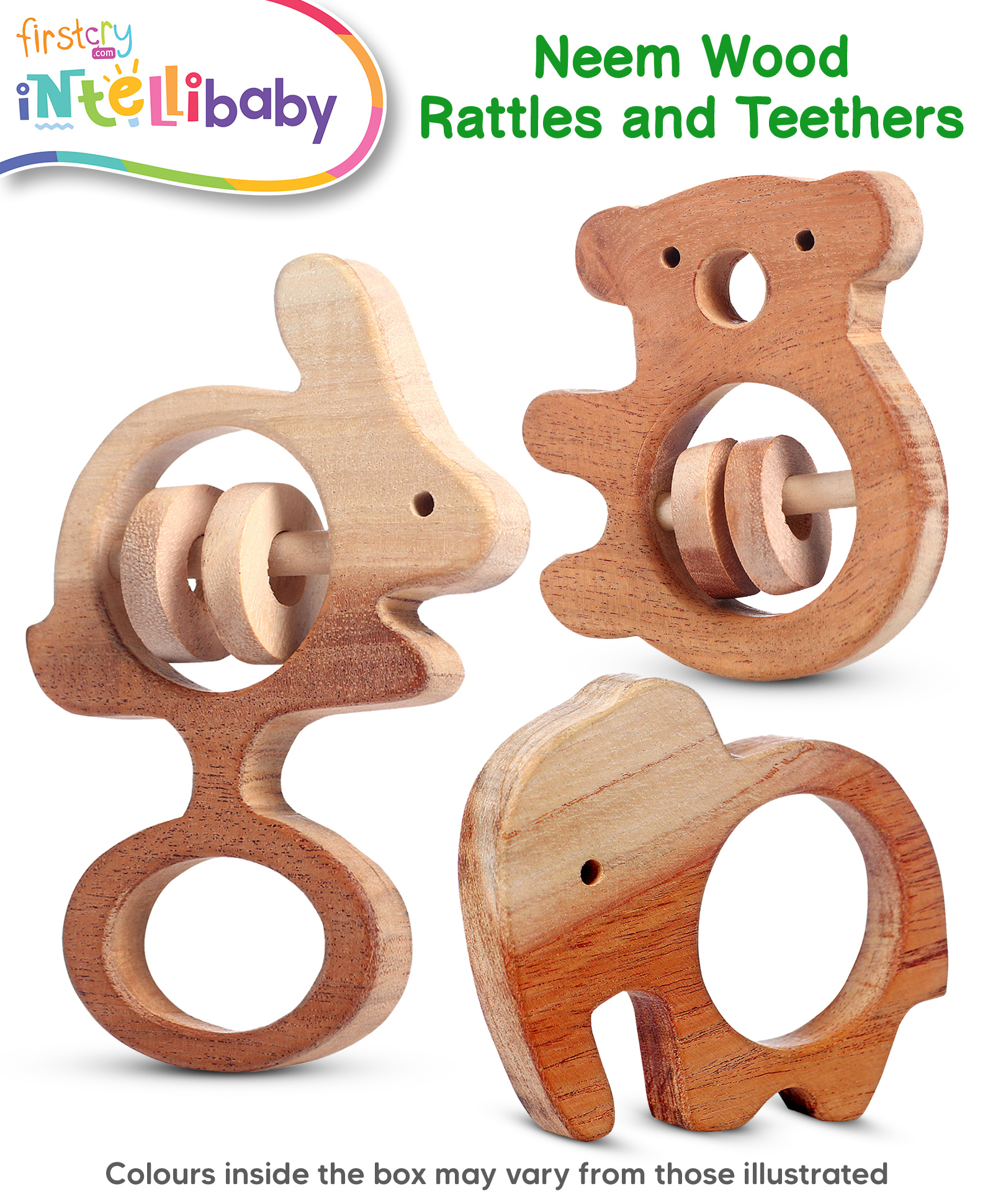 Intellibaby Premium Wooden Jungle Theme Baby Rattles & Teether Set|Child-Safe Wood | Multi-sensory Development Toy|Non-Toxic Teething Relief|Enhances Hand-Grip & Motor Skills | Growth & Development |ASTM, CE & BIS Approved