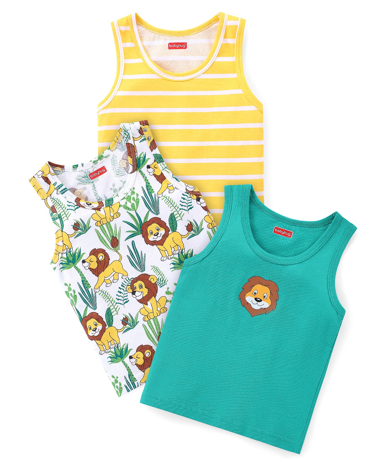 Babyhug Cotton Knit Sleeveless Sandos With Stripes & Lion Print Pack of 3 - Green White & Yellow-image-25