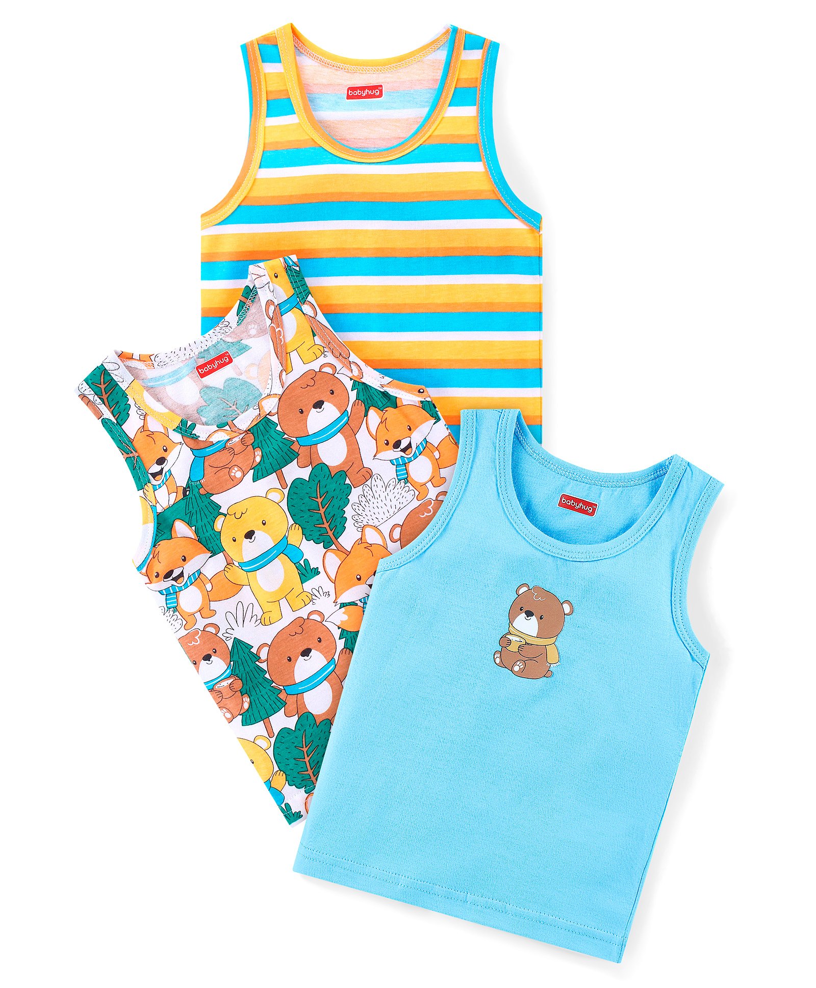 Babyhug Cotton Knit Sleeveless Sandos With Stripes & Bear Print Pack of 3 - Yellow & Turquoise-image-26