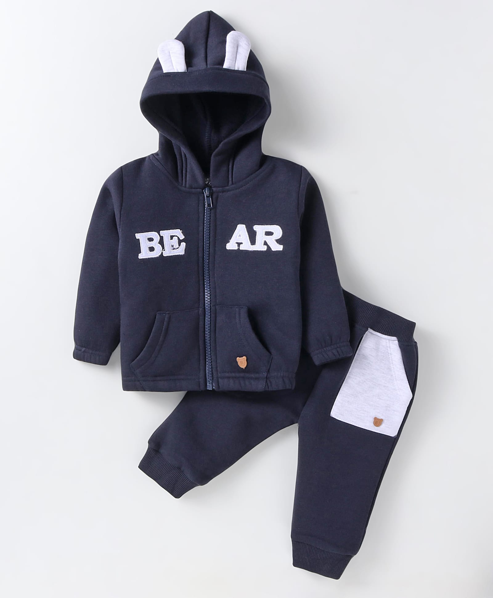 Pepito Fleece Knit Full Sleeves Winter Wear Hooded T-Shirt & Joggers Setwith Text Print - Navy Blue-image-19