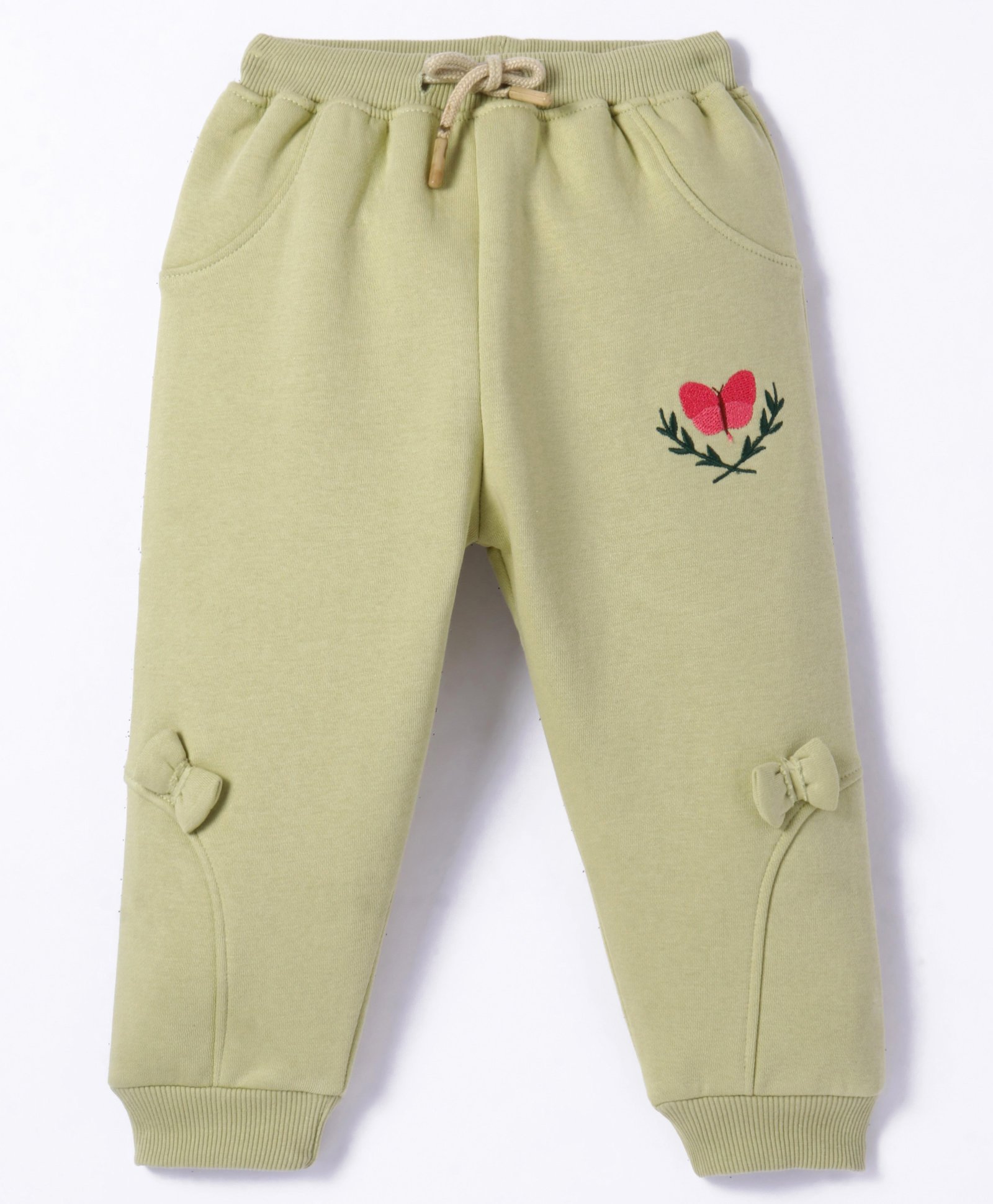 Pepito Knit Full Length Butterfly Embroidered Fleece & Woollen Bottom With Bow Applique - Olive Green