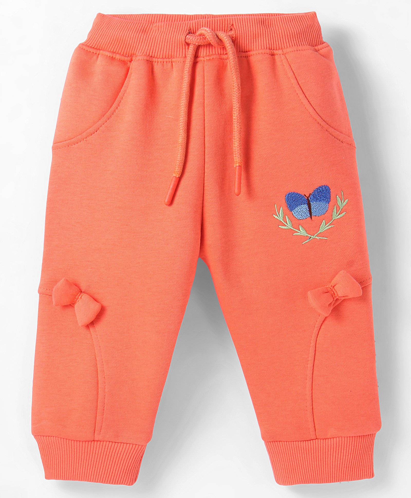 Pepito Knit Full Length Fleece and Woollen Bottomwear With Butterfly Embroidery - Orange