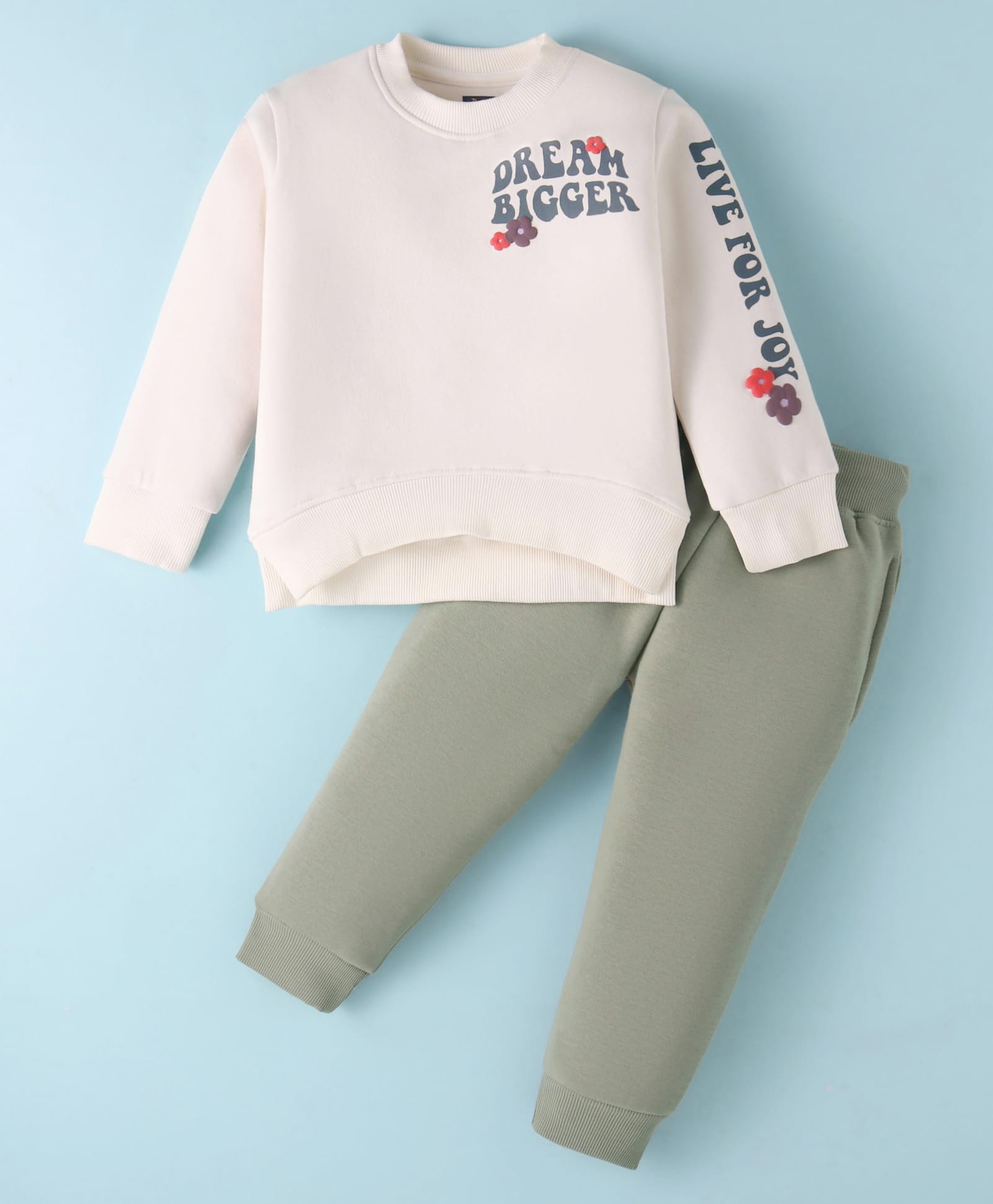 Pepito Fleece Knit Full Sleeves Winter Wear T-Shirt & Lounge Pant Set With Text Print - Off White-image-6