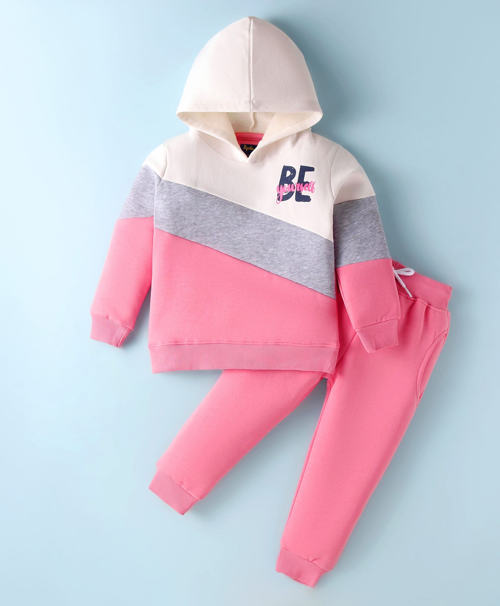 Pepito Cotton Fleece Knit Winter Wear Full Sleeves Hooded Cut & Sew T-Shirt & Lounge Pants - Pink & White-image-32