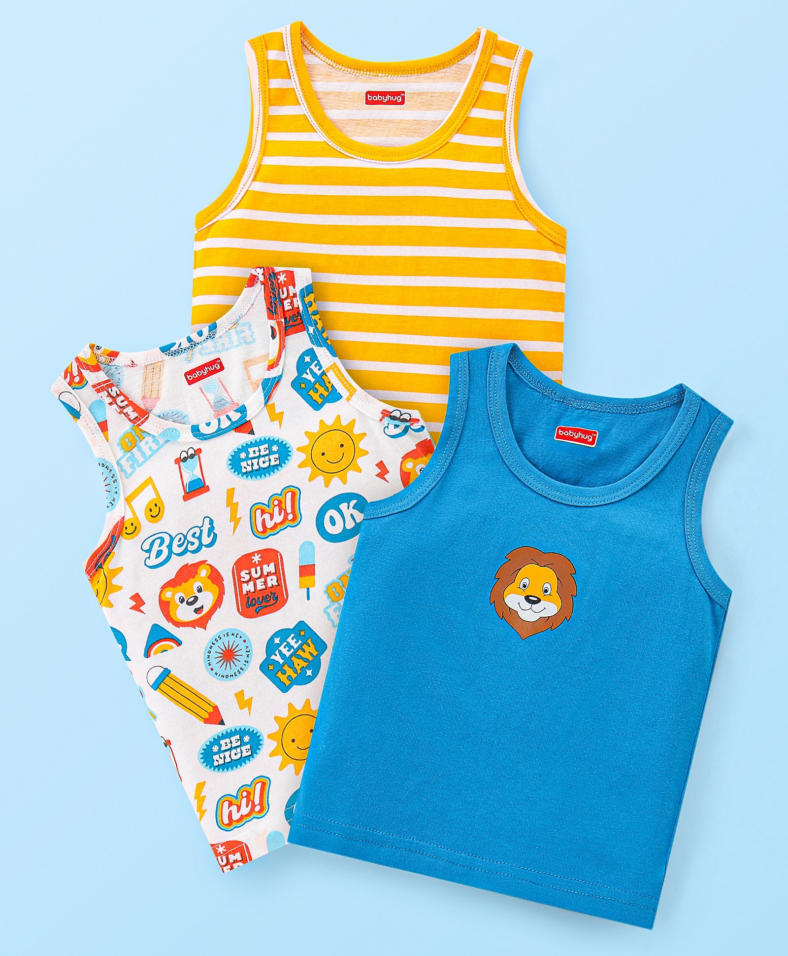 Babyhug 100% Cotton Sleeveless Sandos With Stripes & Animal Print Pack of 3 - Yellow White & Blue-picture-14