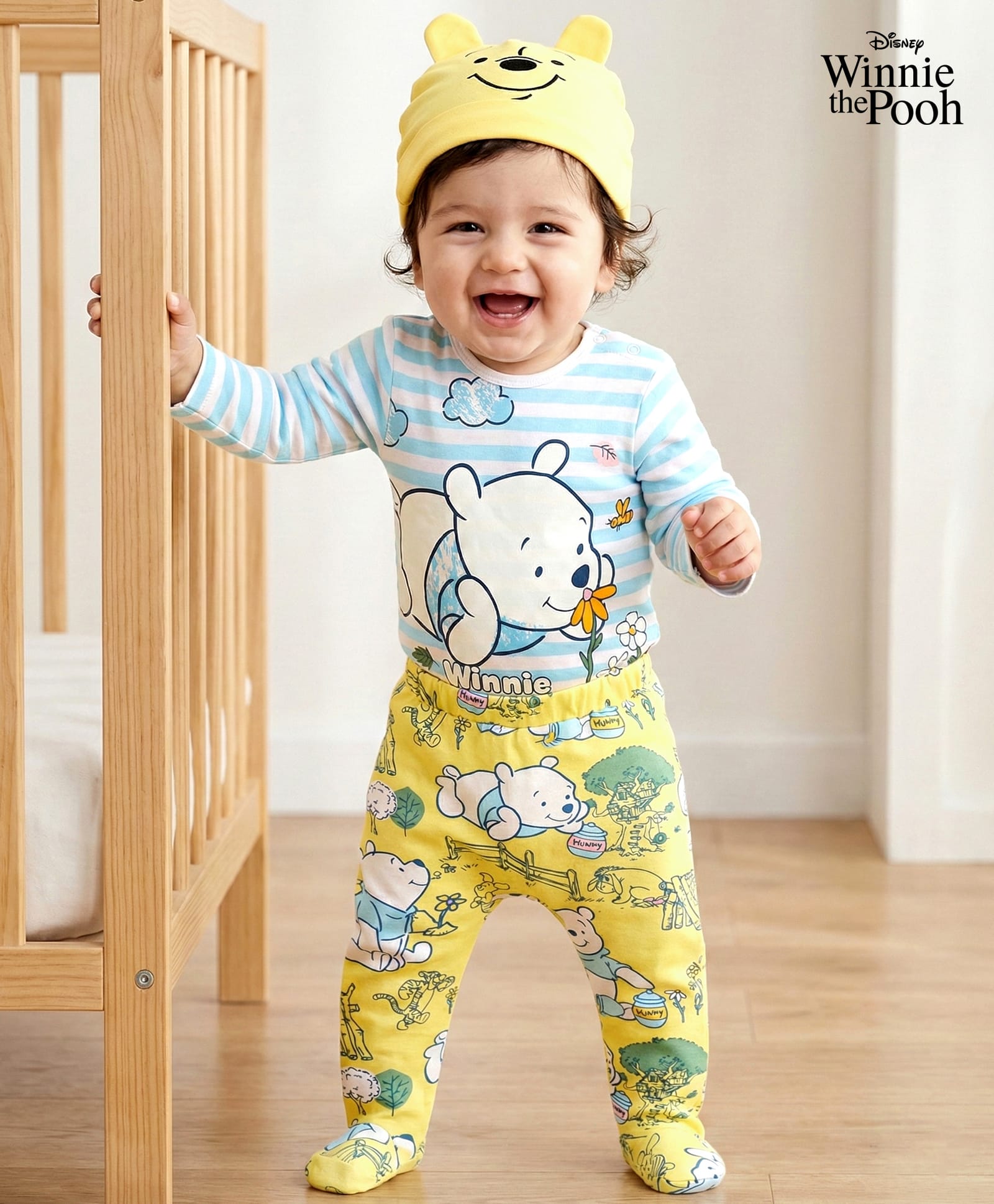 babyoye disney Babyoye Disney Interlock Knit Full Sleeves Winnie The Pooh Printed Striped Onesie with Diaper Legging & Cap - White & Yellow-picture-11