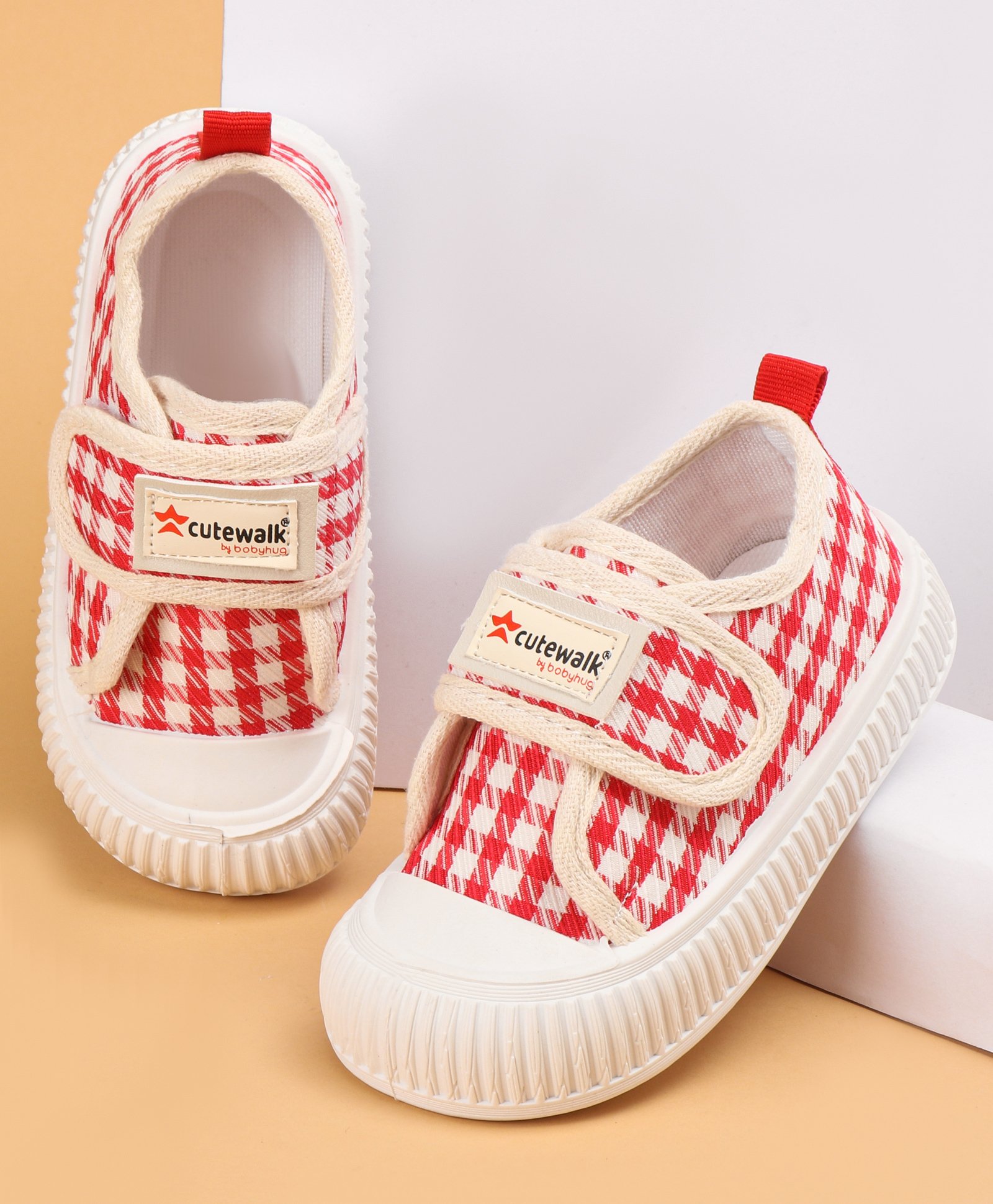 Cute Walk By Babyhug Checkered Slip On Casual Shoes With Velcro Closure - Red-picture-17