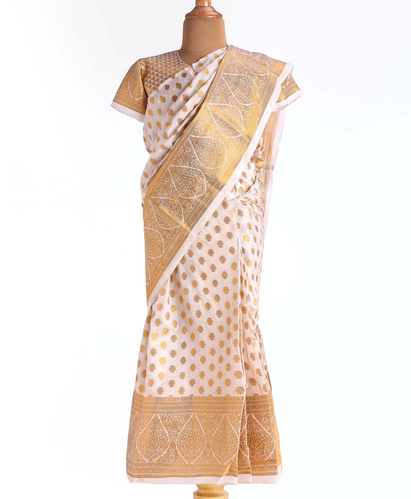 Bhartiya Paridhan Silk Foil Printed Saree with Half Sleeves Blouse - Cream-picture-14