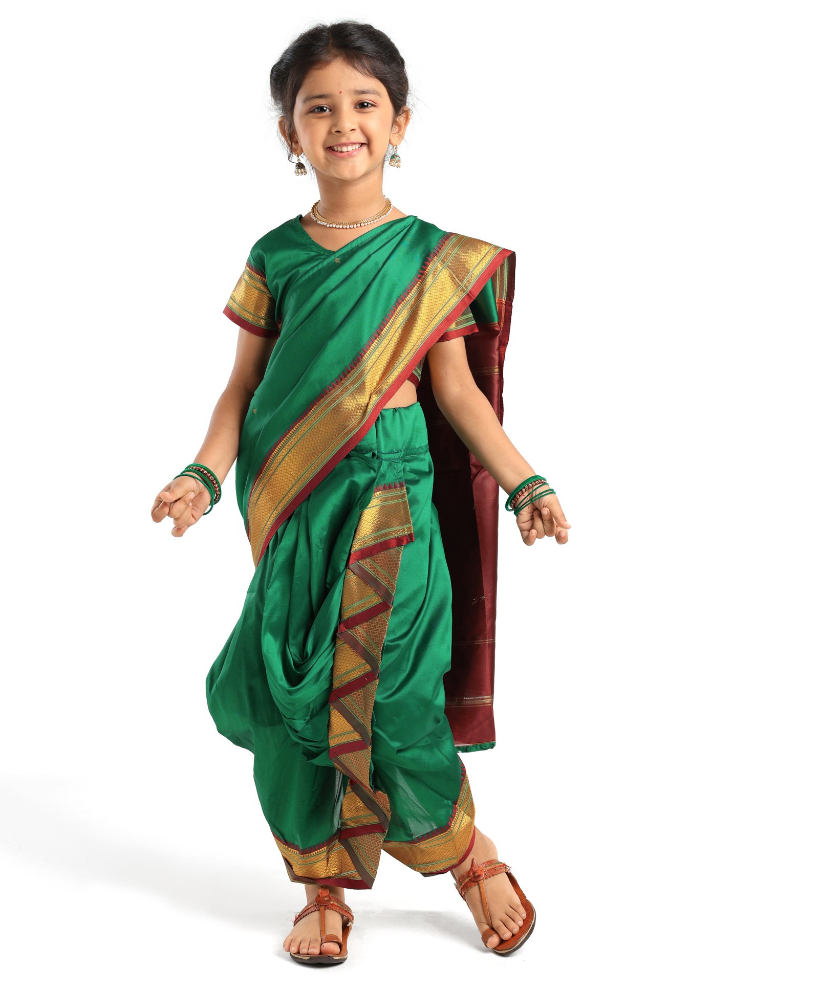 Bhartiya Paridhan Silk Nauvari Saree with Half Sleeves Zari Blouse - Green-image-6