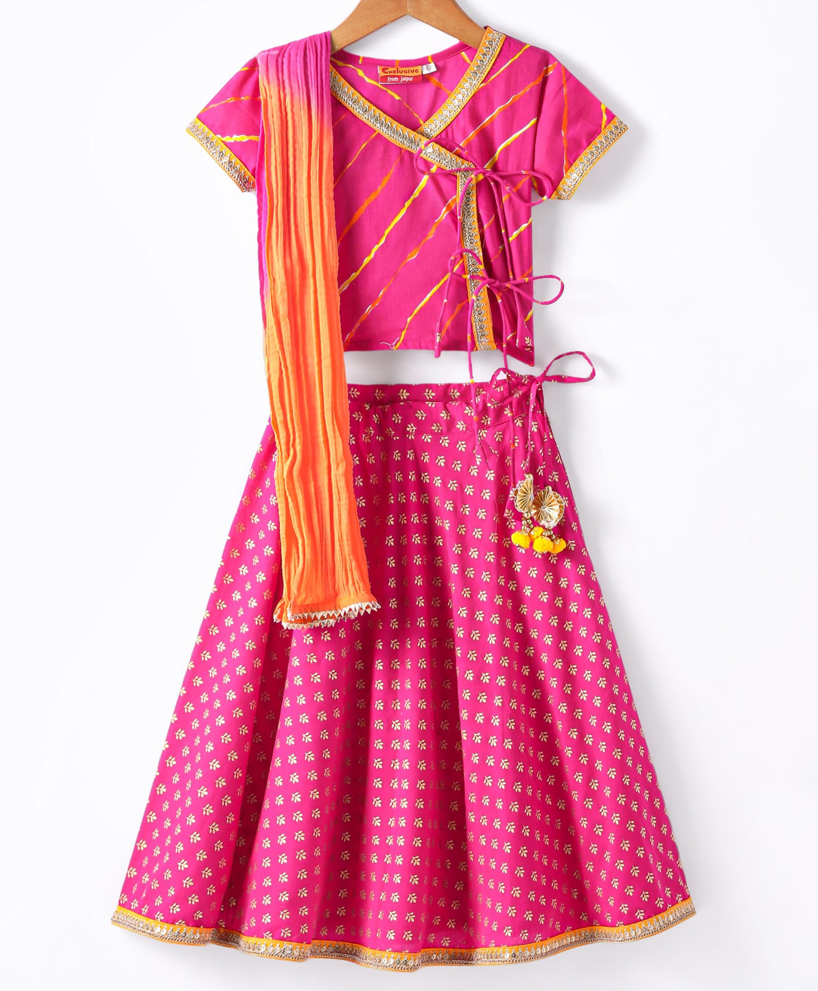 Exclusive from Jaipur Cotton Woven Half Sleeves Foil Printed Choli & Lehenga with Dupatta Tassle Detailing - Pink & Yellow-picture-11