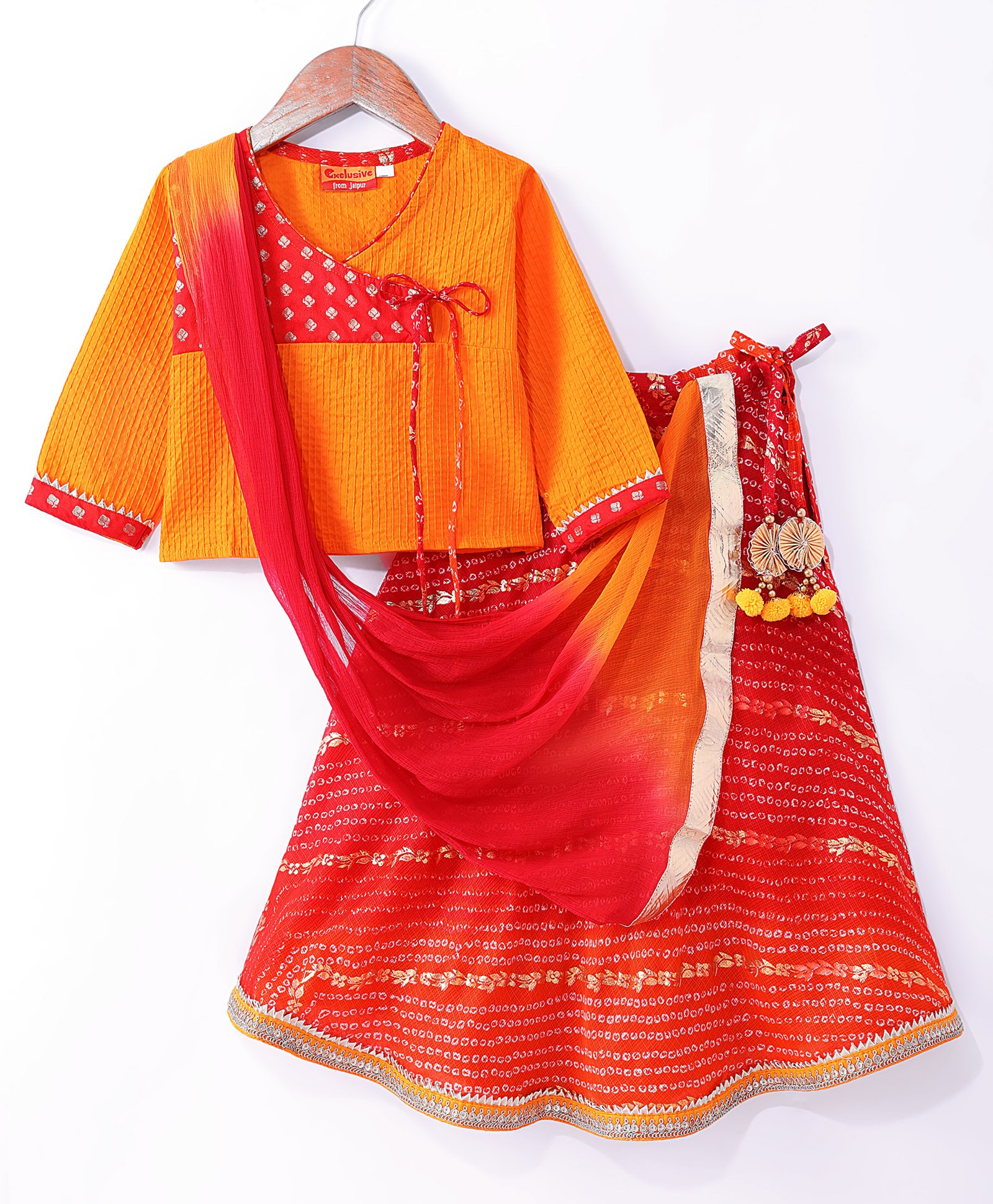 Exclusive from Jaipur Cotton Full Sleeves Choli Lehenga & Dupatta Set with Bandhani Print & Tassle Detailing - Red & Yellow-picture-13