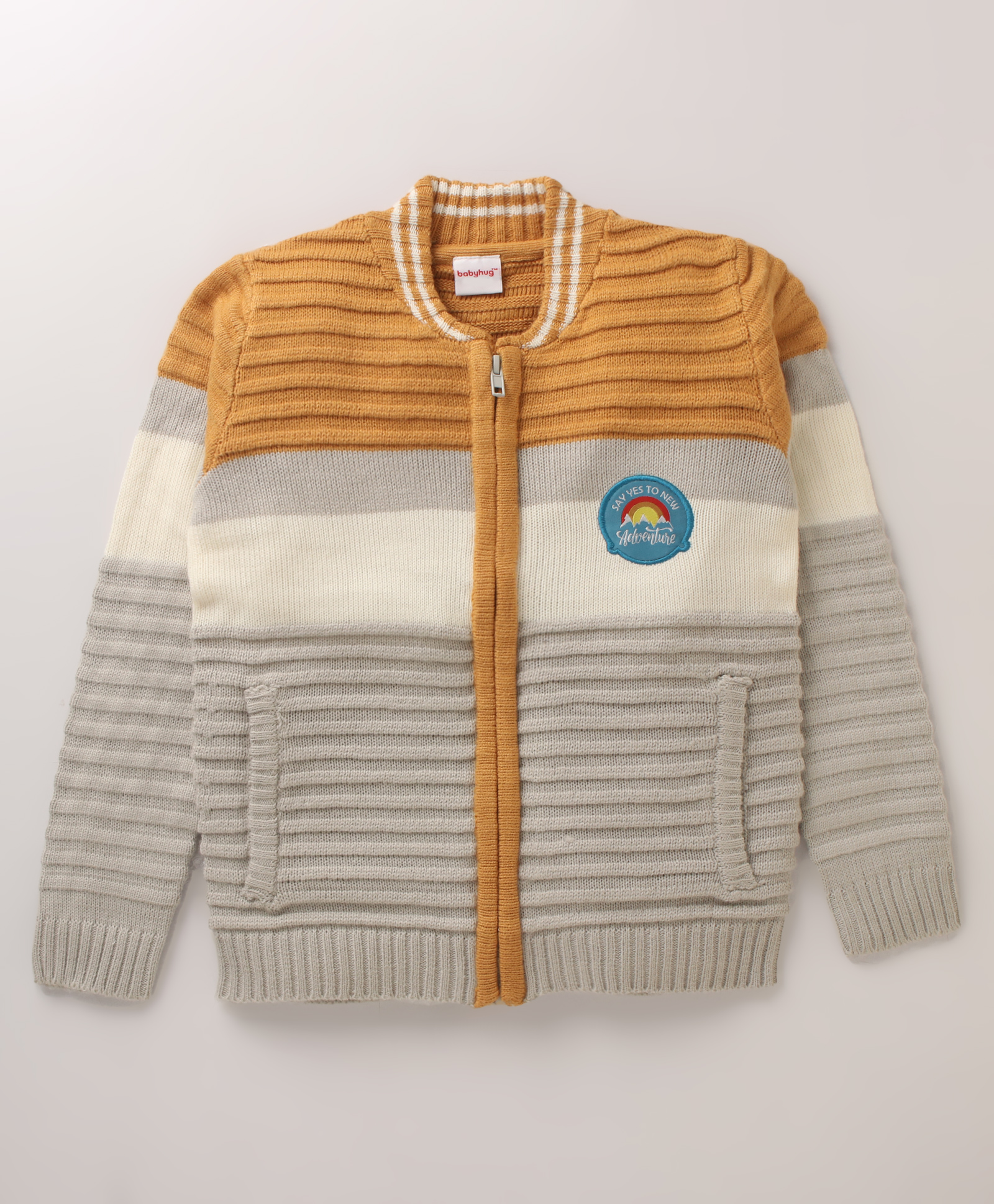 Babyhug Knitted Full Sleeves Front Open Sweater with Text Patch - Grey & Yellow-image-43