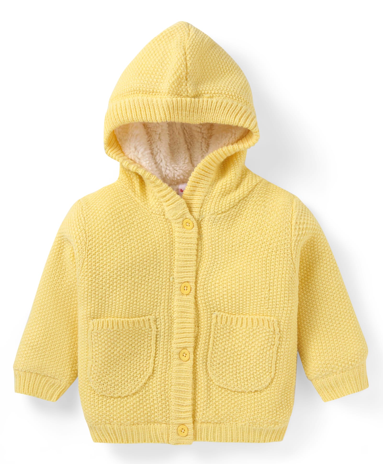 Babyhug Knit Full Sleeves Solid Colour Hooded Front Open Sweater With Pockets - Yellow-image-19