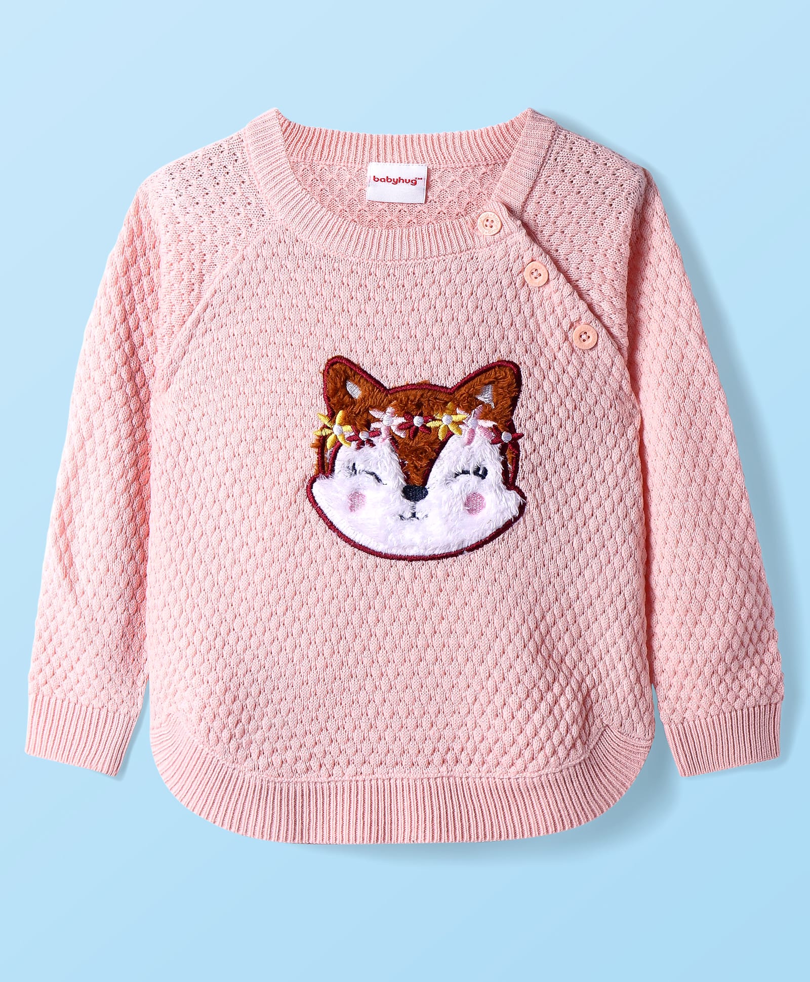 Babyhug Knitted Full Raglan Sleeves Squirrel Embroidered Pullover Sweater - Pink-image-20