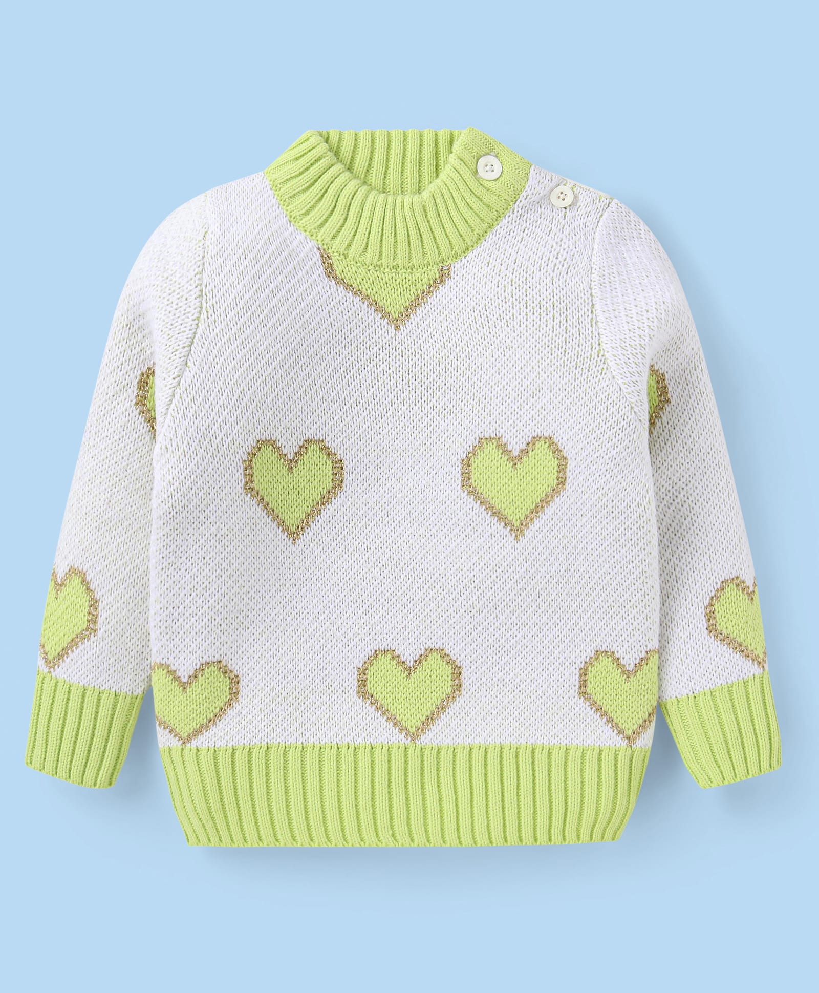 Babyhug Knit FullSleeves Pullover Sweater with Heart Design - Off White & Light Green-image-22