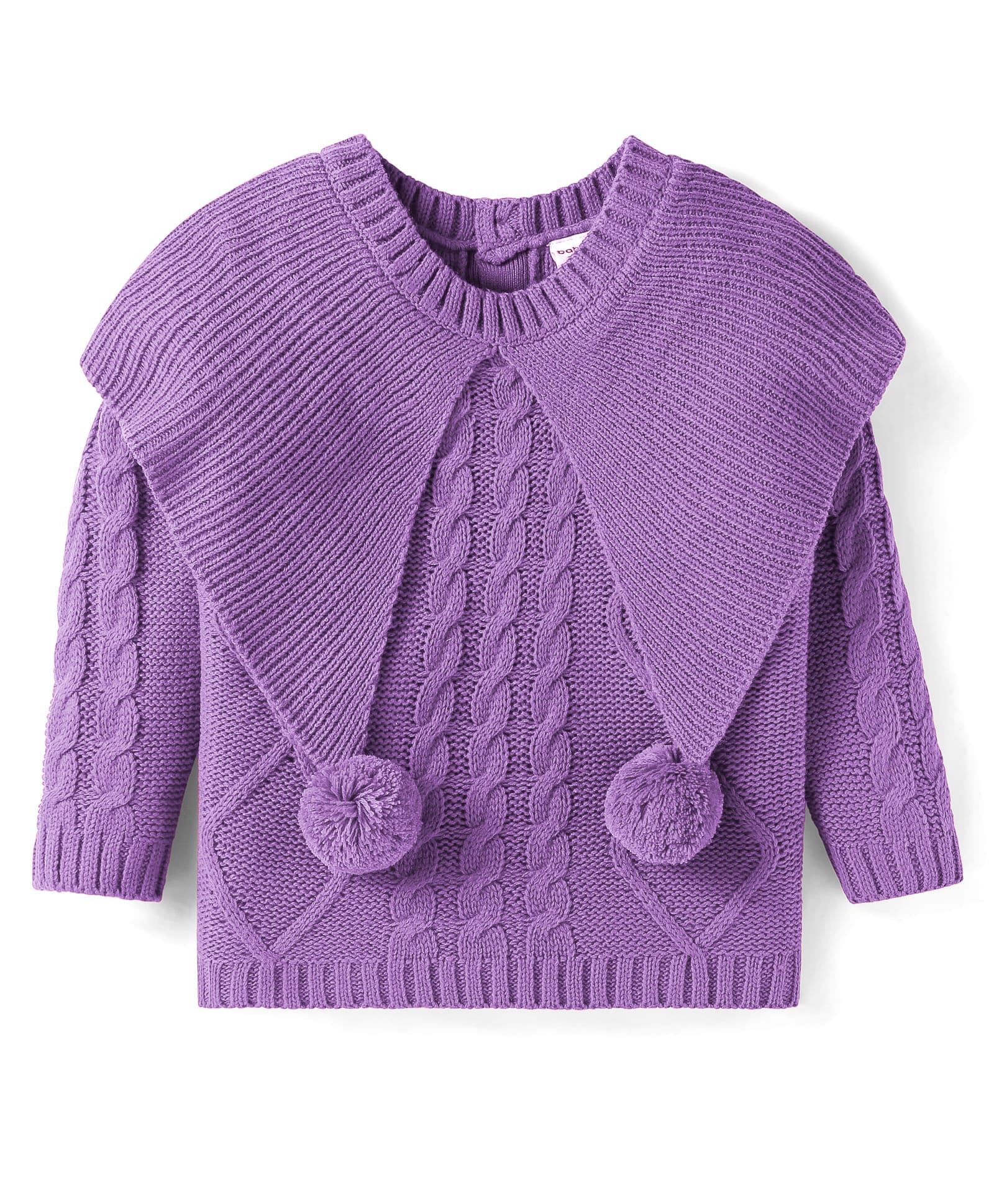 Babyhug Woven Full Sleeves Cable Knit Design Sweater With Pom Pom Applique - Purple-image-49