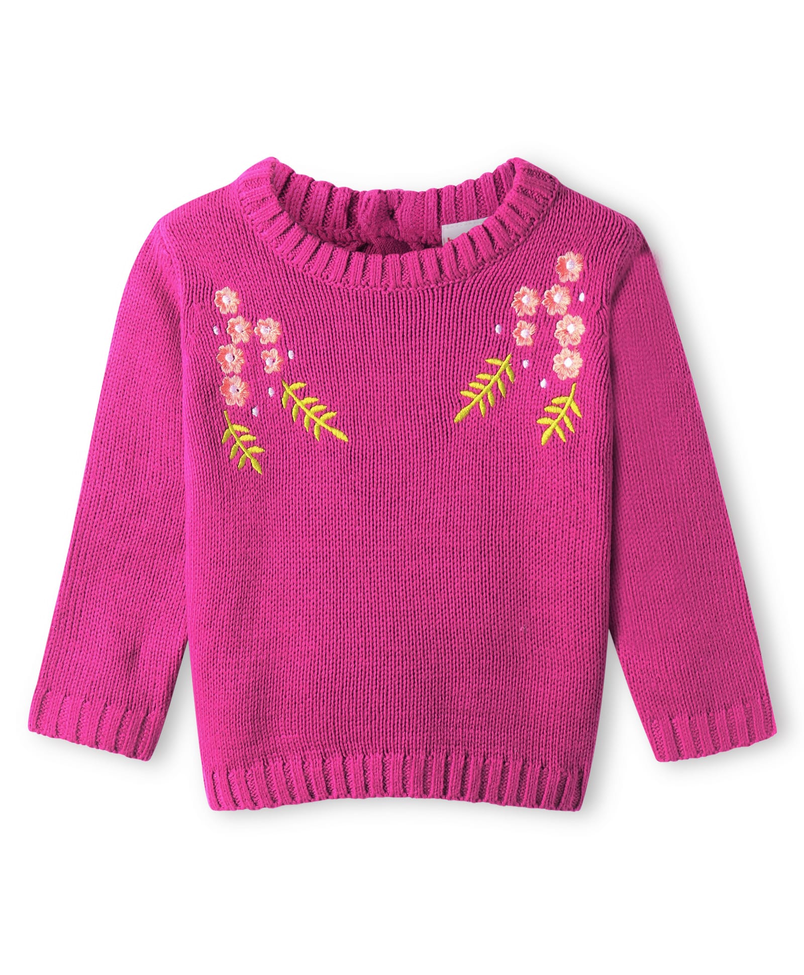 Babyhug Knitted Full Sleeves Pullover Sweater With Floral Embroidery - Fuchsia-image-35