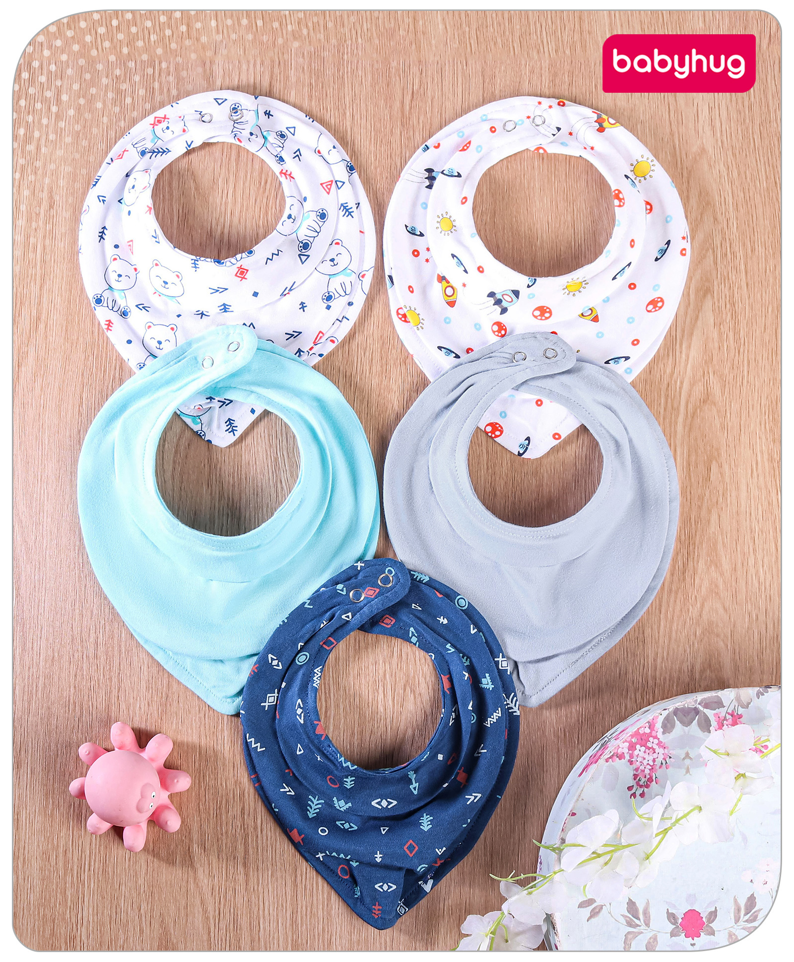 Babyhug Drool Bibs Cat & Space Theme Printed Pack of 5 - Multicolor-image-46