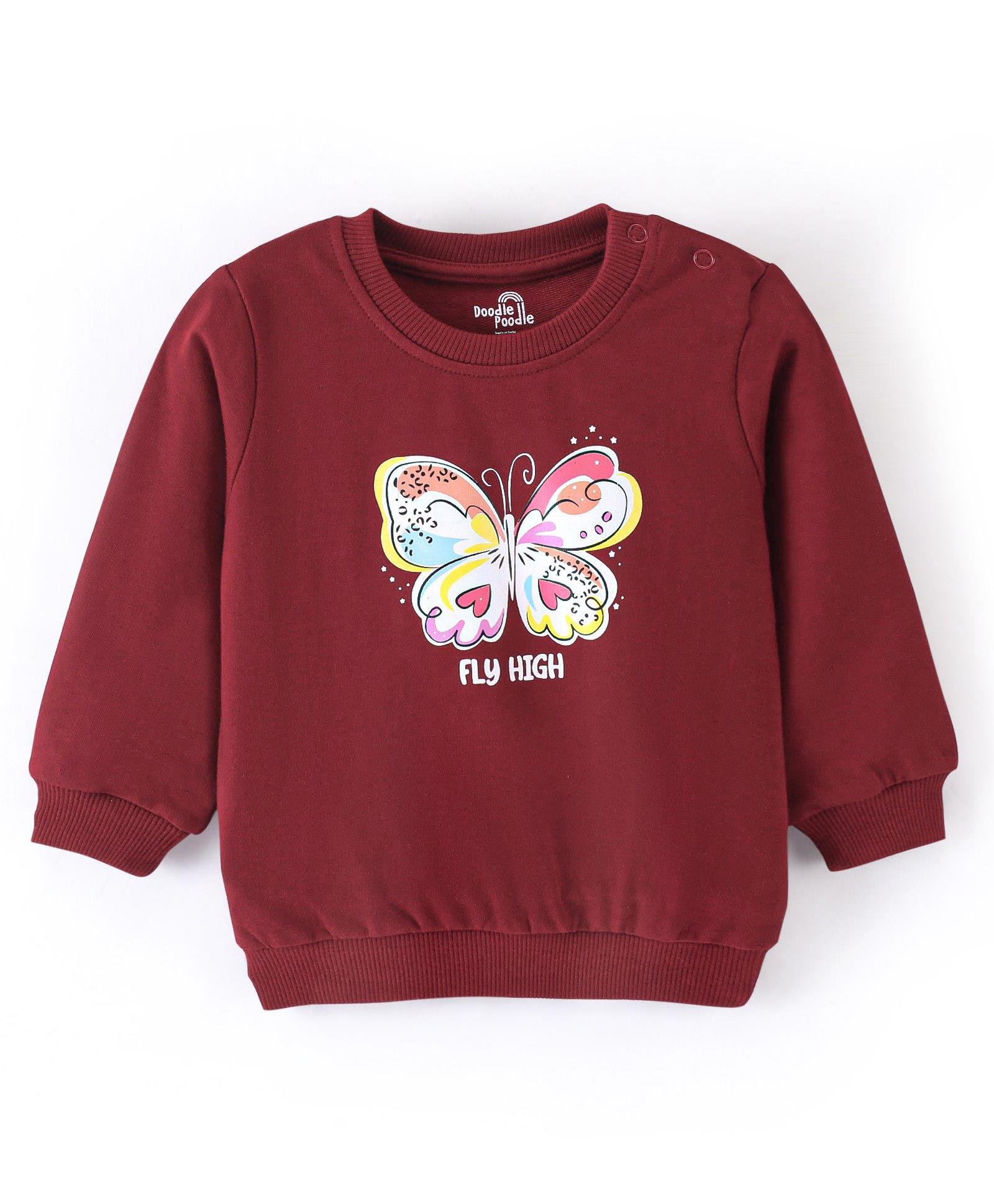 Doodle Poodle 100% Cotton Light Weight Looper Knit Full Sleeves Sweatshirt with Butterfly Print - Maroon-picture-11