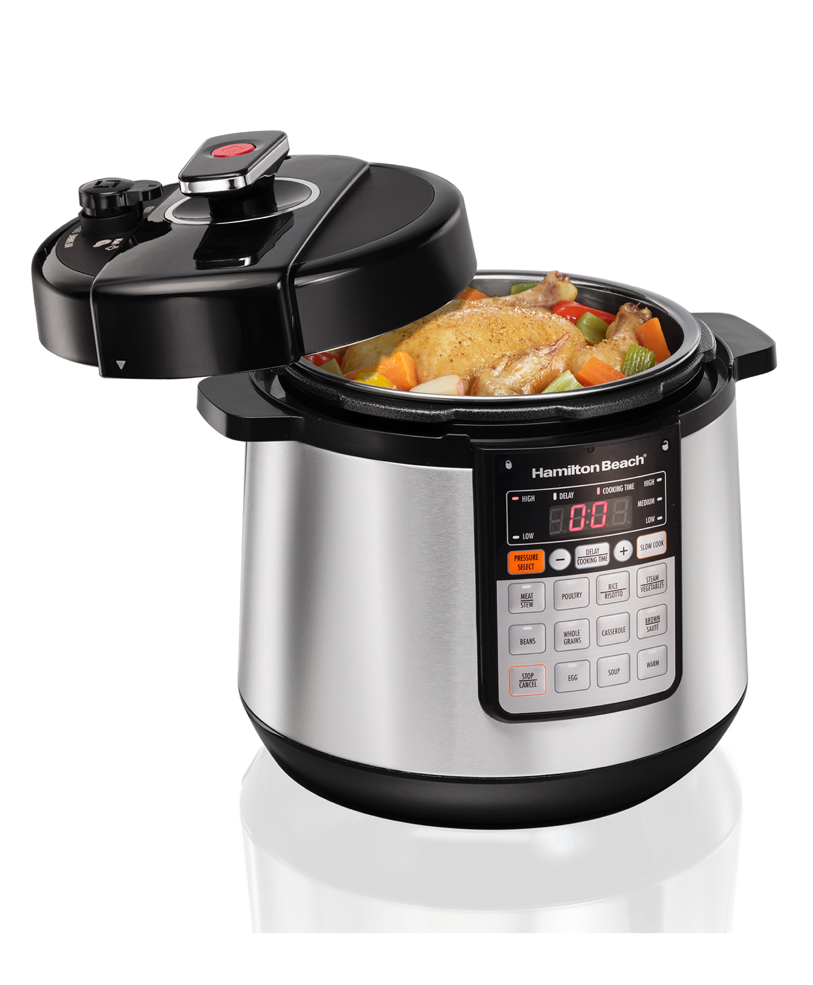 Hamilton Beach Electric Pressure Cooker, 10 in 1 Function, Rice Cooker, Idli Maker, 1 Touch Steam Release, Cook & Serve, Delayed Start, Slow Cook Technology, 10 Preset Program, Stainless Steel, 5.7L