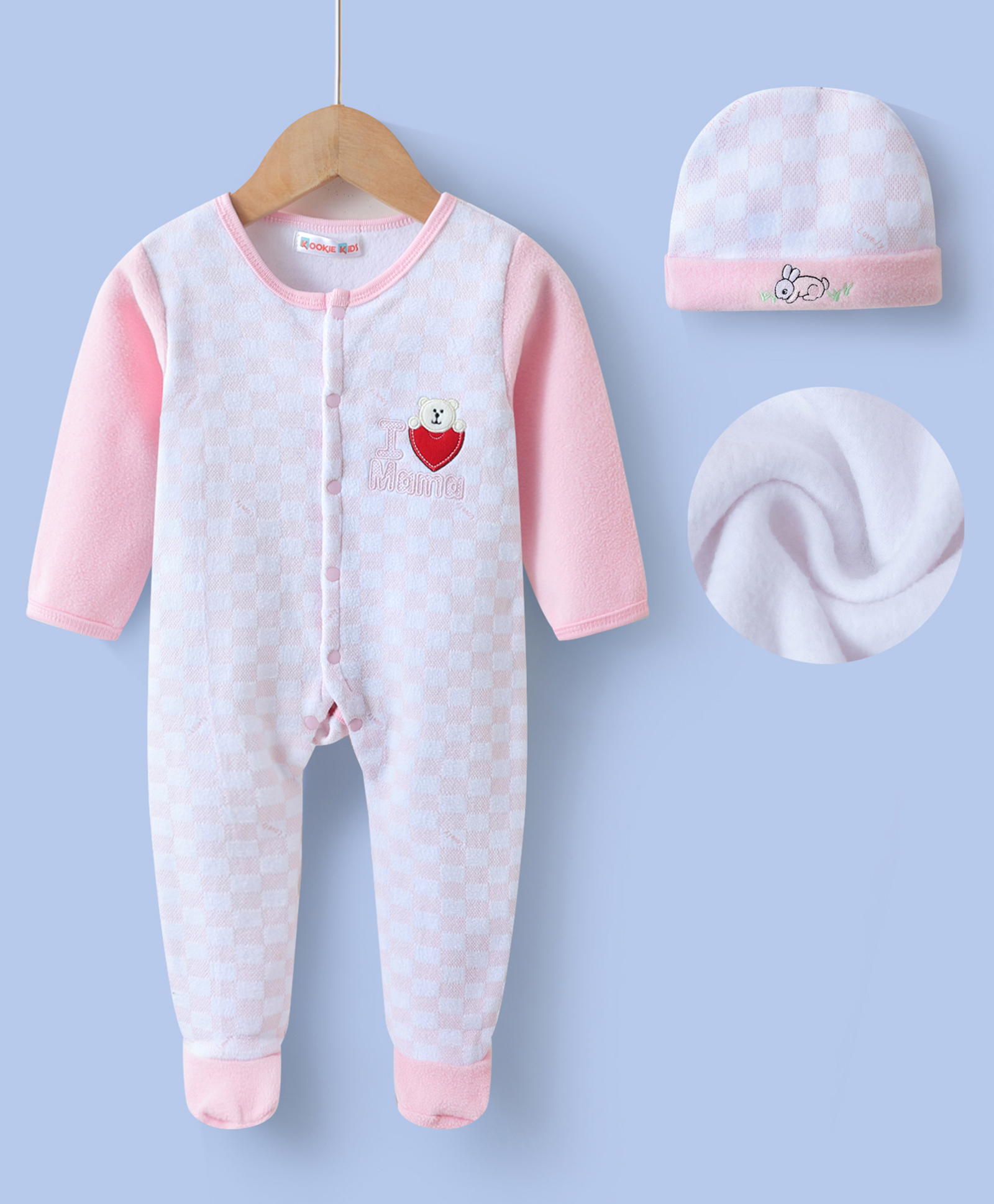 Kookie Kids Full Sleeves Front Open Checkered Romper with Cap Bear & Bunny Embroidery - Pink-image-5