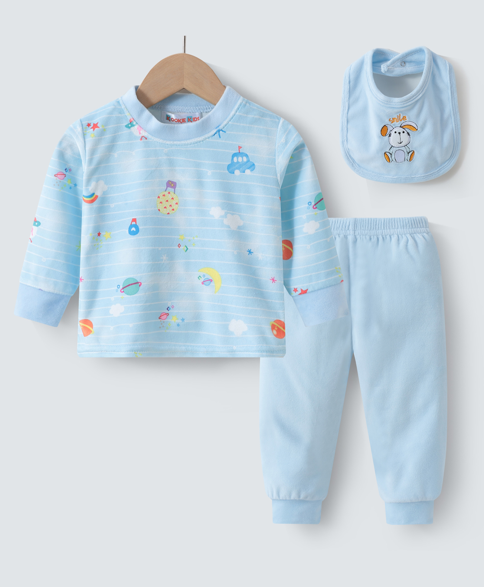 Kookie Kids FullSleeves Winter T-Shirt & Joggers Set with Space Theme Print - Light Blue-image-7