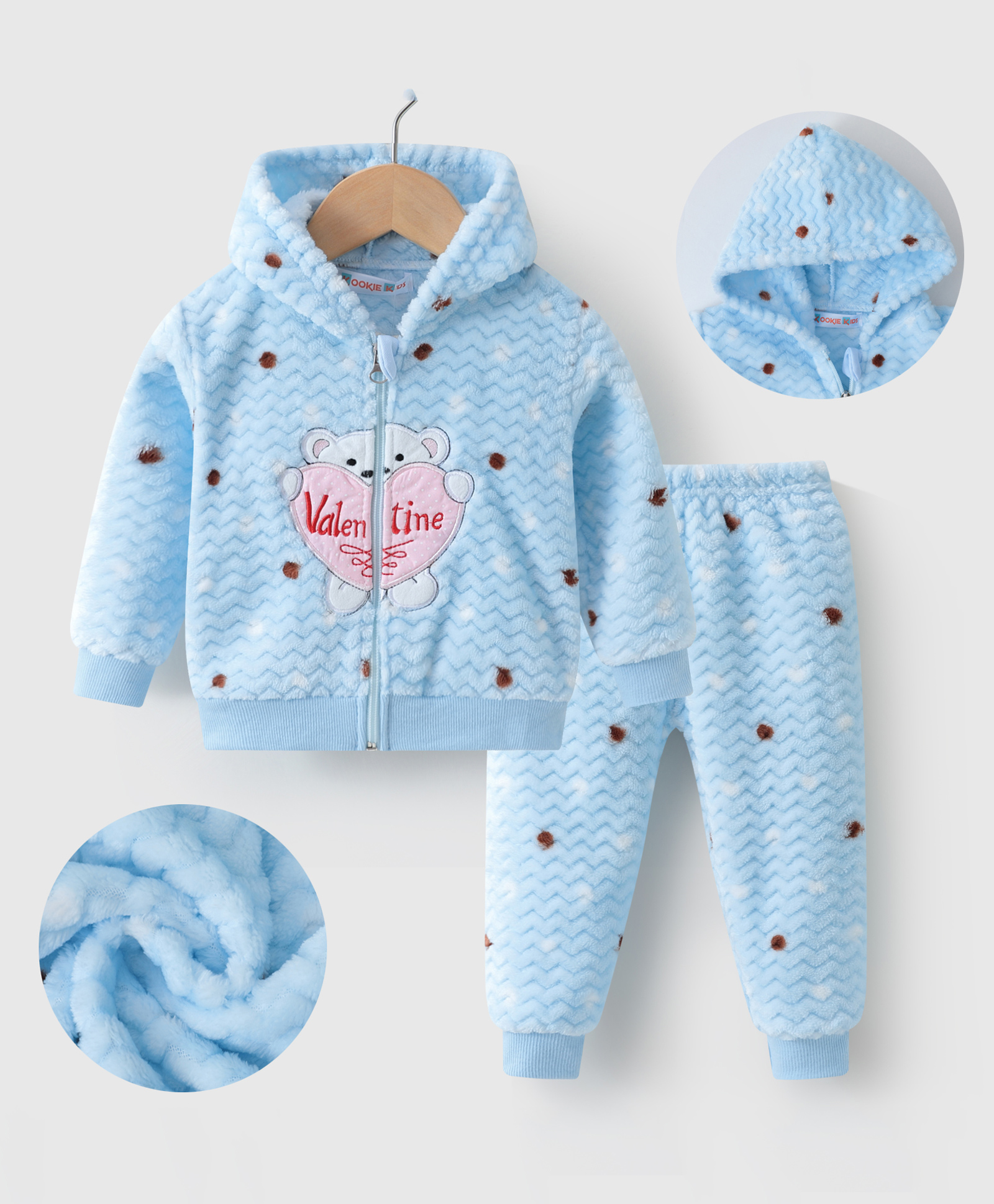 Kookie Kids Full Sleeves Winter Wear Hooded Sweatjacket & Lounge Pant Set with Bear Patch -Light Blue-image-48