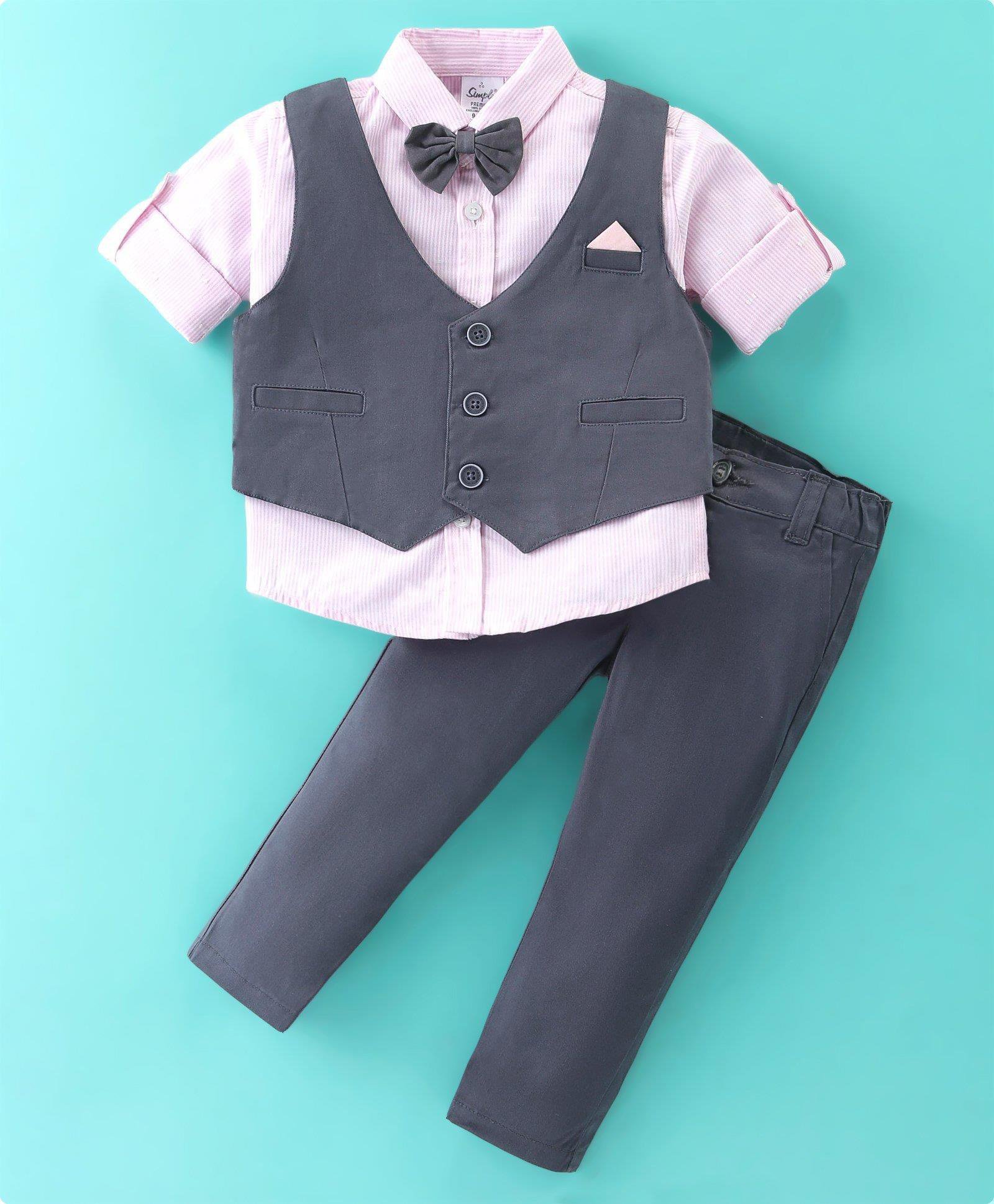 Simply Premium Cotton Full Sleeves Party Suit With Bow Tie Striped - Grey-image-23