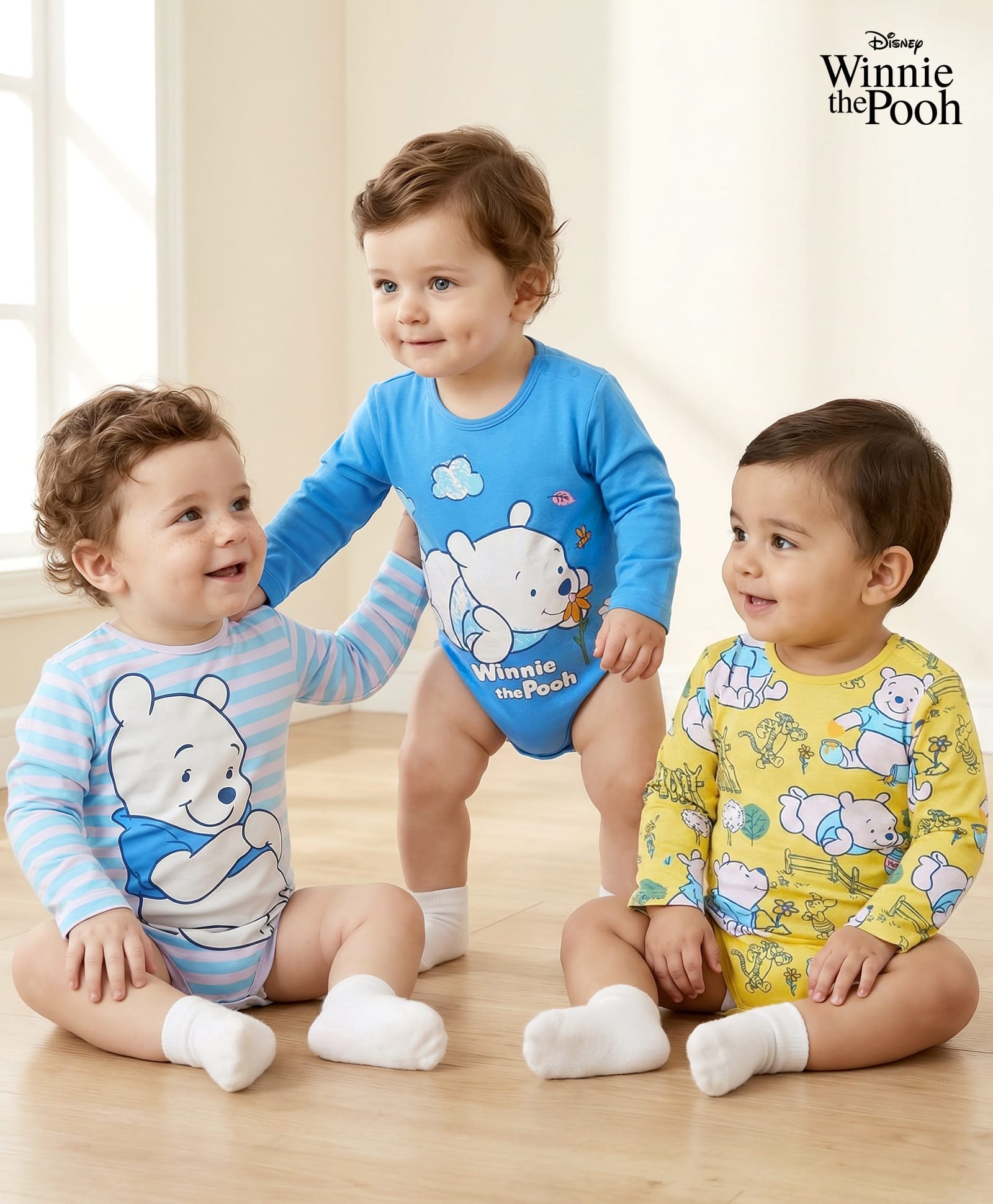 Babyoye Disney Interlock Knit Full Sleeves Onesies with Winnie The Pooh Graphics Pack of 3 - Blue & Green-picture-10