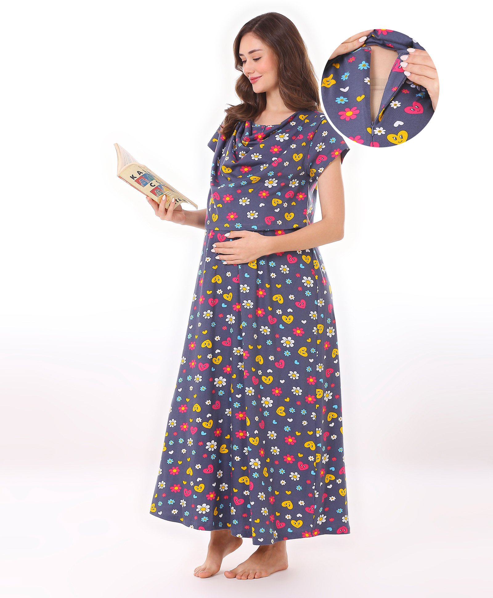Bella Mama Cotton Knit Half Sleeves Maternity Nursing Nighty with  Concealed Zipper Floral Print - Grey-image-28