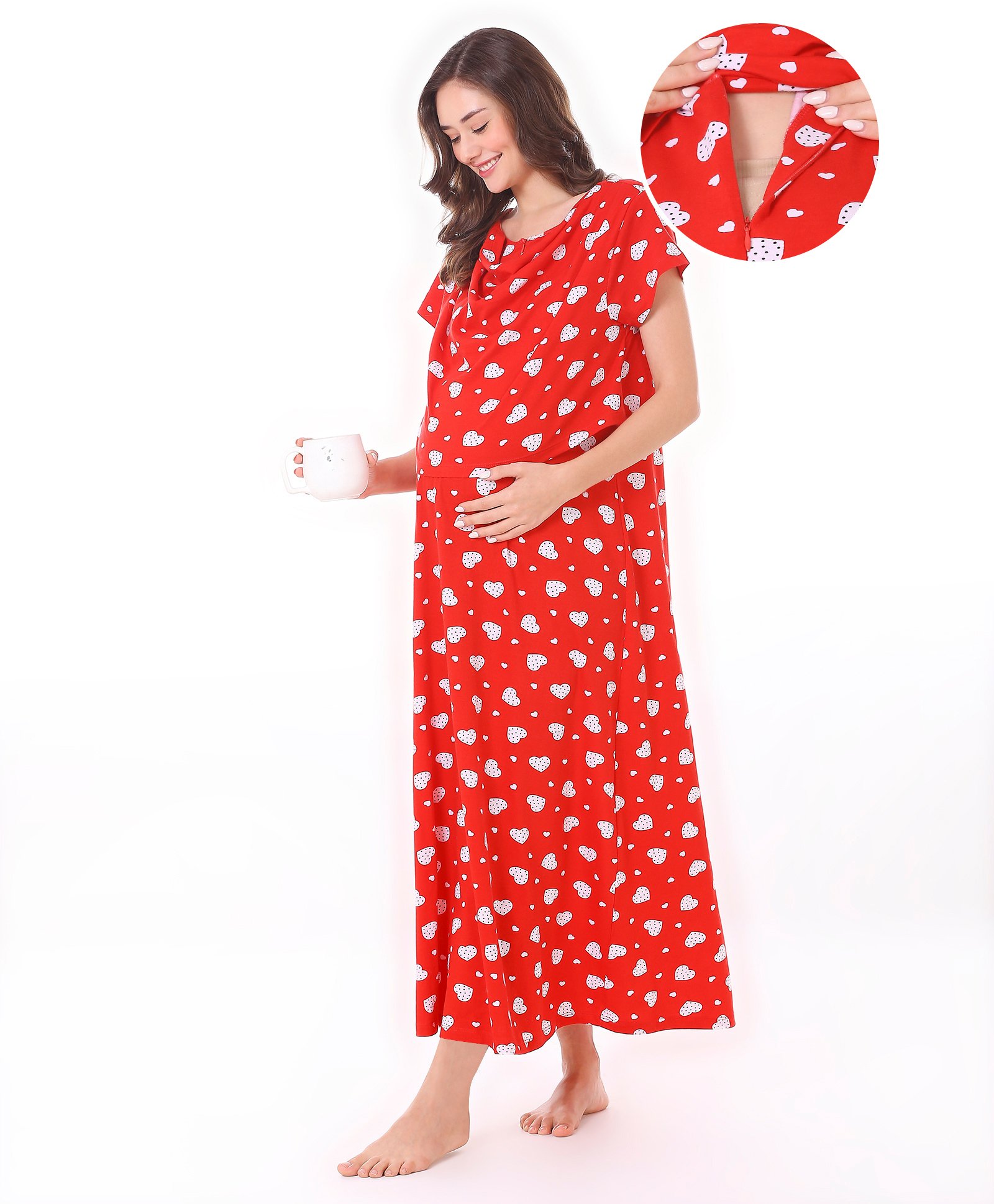 Bella Mama Cotton Knit Half Sleeves Concealed Zipper Strawberry Print Nighty - Red-picture-28