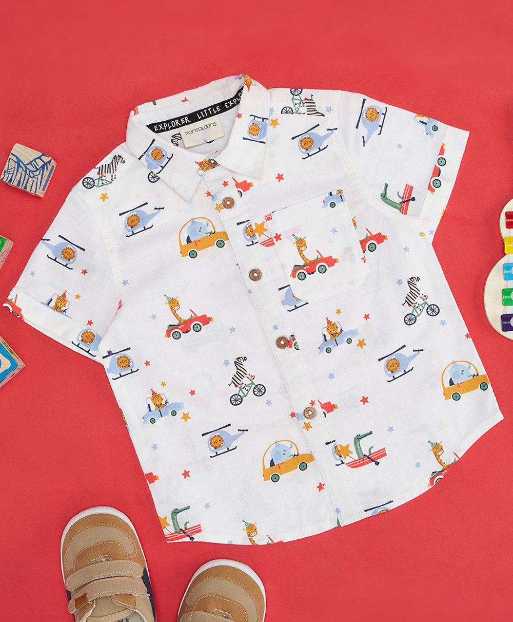 Pantaloons Baby Half Sleeves Vehicle Printed Shirt - White-image-13