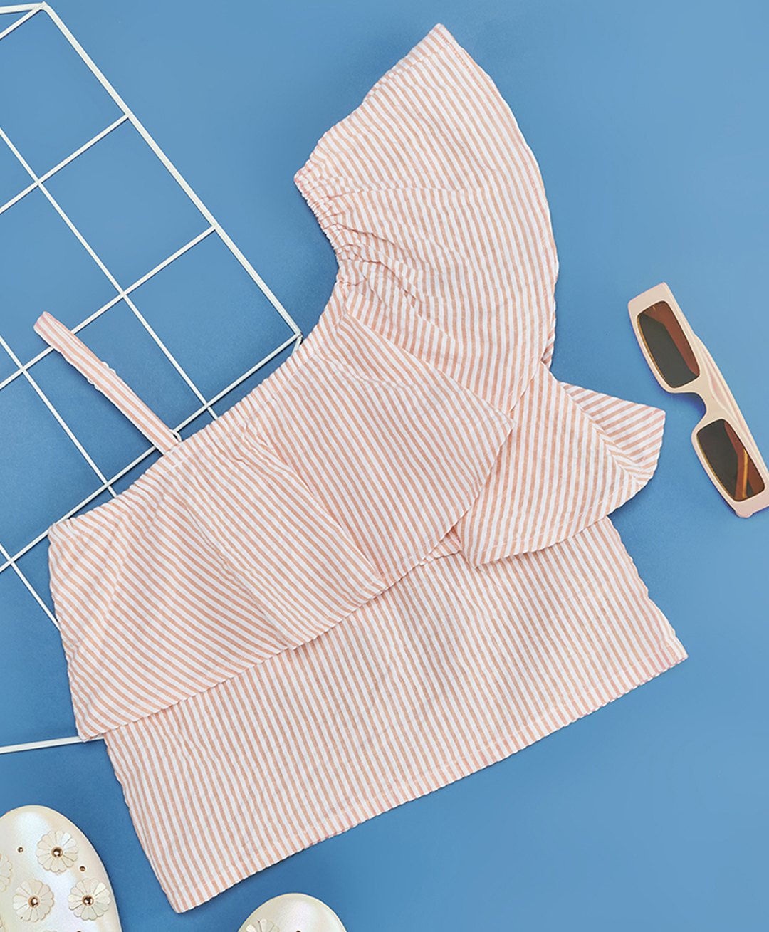 Pantaloons Junior One Shoulder Striped Top - Papaya Peach-image-12