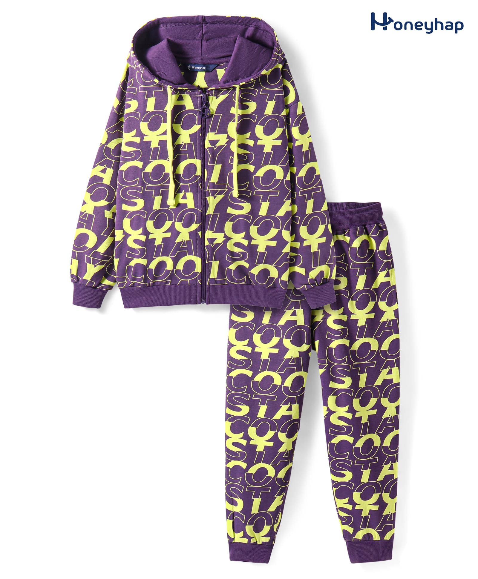 Honeyhap Looper Knit Full Sleeves Winter Wear Hooded Sweat Jacket & Lounge Pant Set With Text Print - Grape Royale Purple-image-38