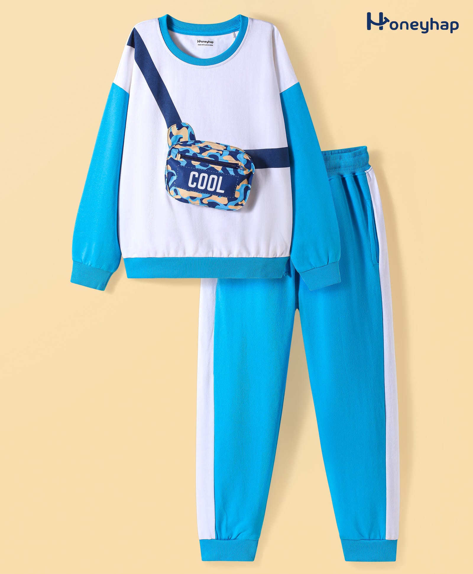 Honeyhap Premium 100% Cotton Knit Full Sleeves Winter Wear Set with Attached Pouch Pocket - White Melange & Cyan Blue-picture-18
