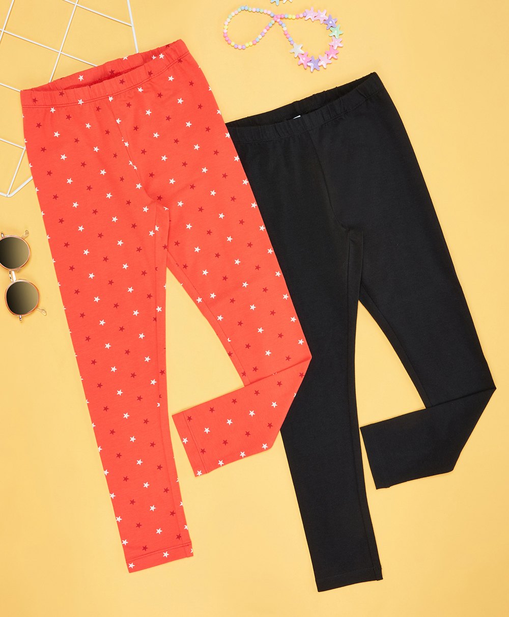 YU by Pantaloons Pack Of 2 Stars Printed & Solid Leggings - Multi Colour-picture-31