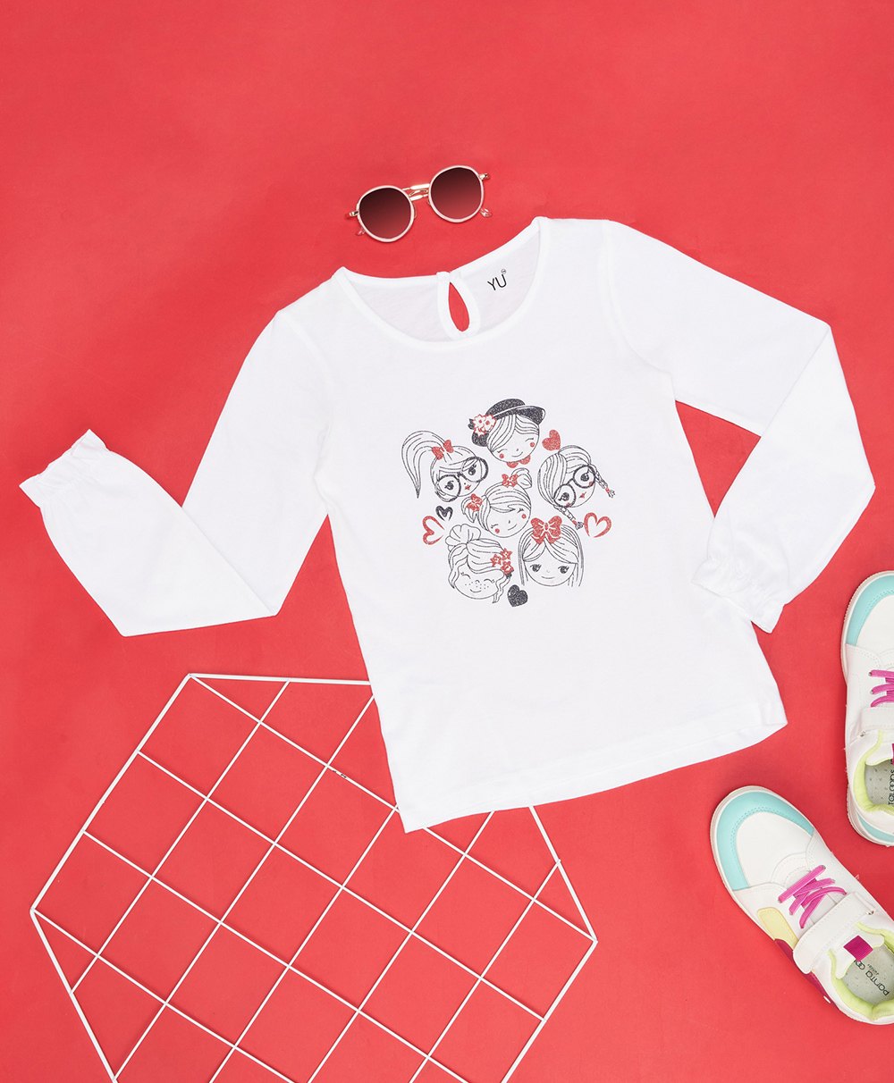 YU by Pantaloons Full Sleeves Cartoon Girls & Hearts Printed Tee - White-picture-13
