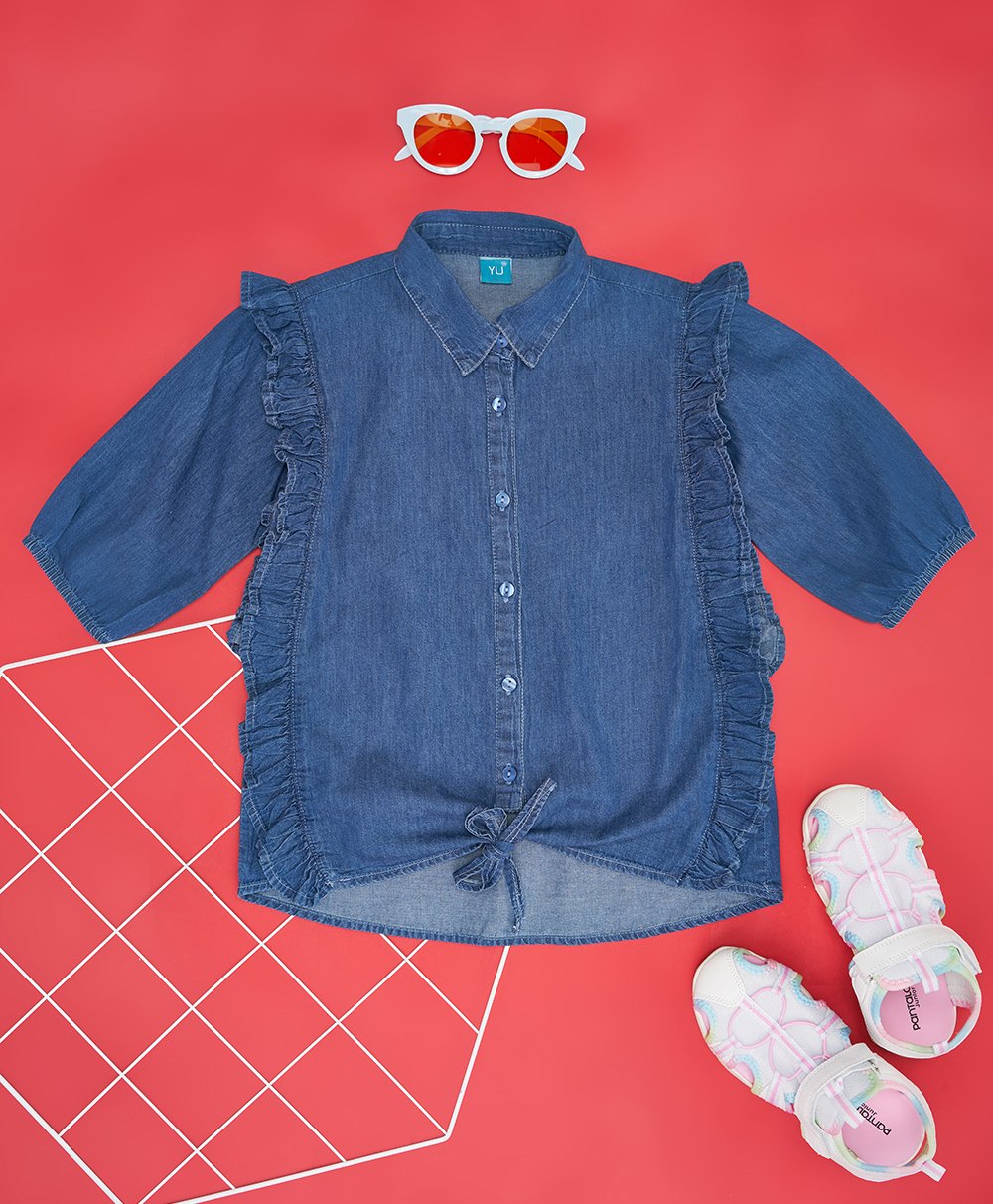 YU by Pantaloons Half Sleeves Frill Design With Knot Detailing Top - Blue-image-19