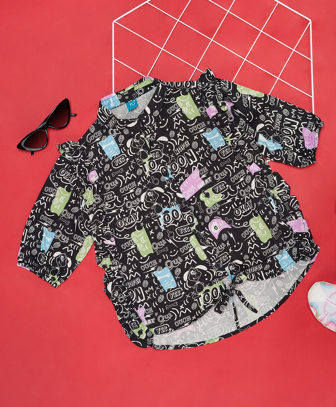 YU by Pantaloons Half Sleeves Frill Design Text Printed Top - Black-image-30