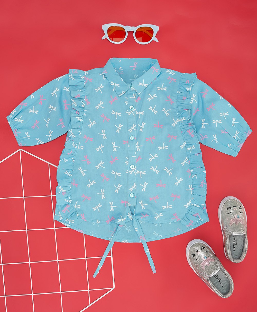 YU by Pantaloons Half Sleeves Dragon Fly Print With Front Knot Detailing Top - Blue-image-33