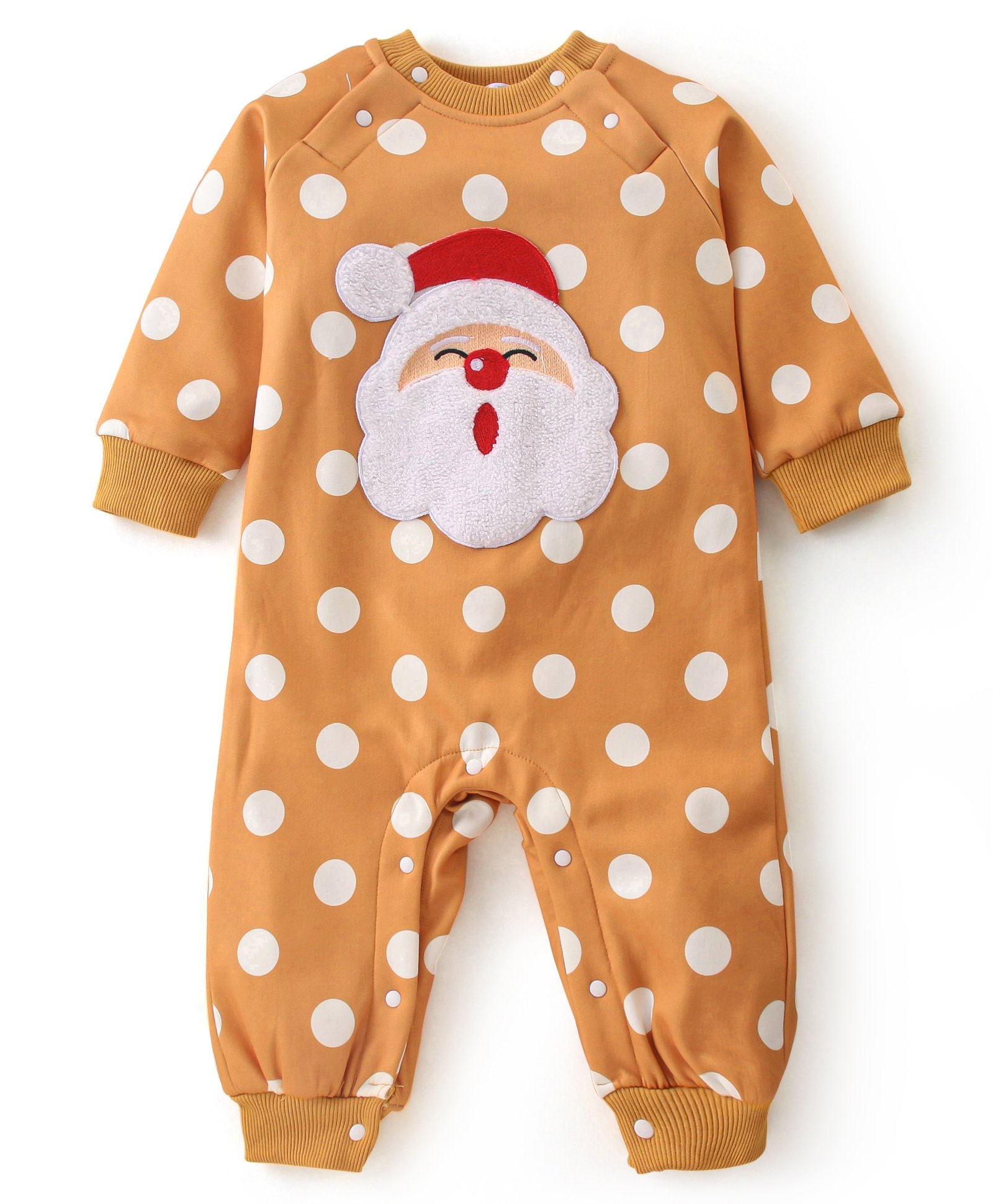 Kookie Kids Winter Wear Full Raglan Sleeves Romper with Polka Dots Print & Santa Patch - Light Brown-picture-23