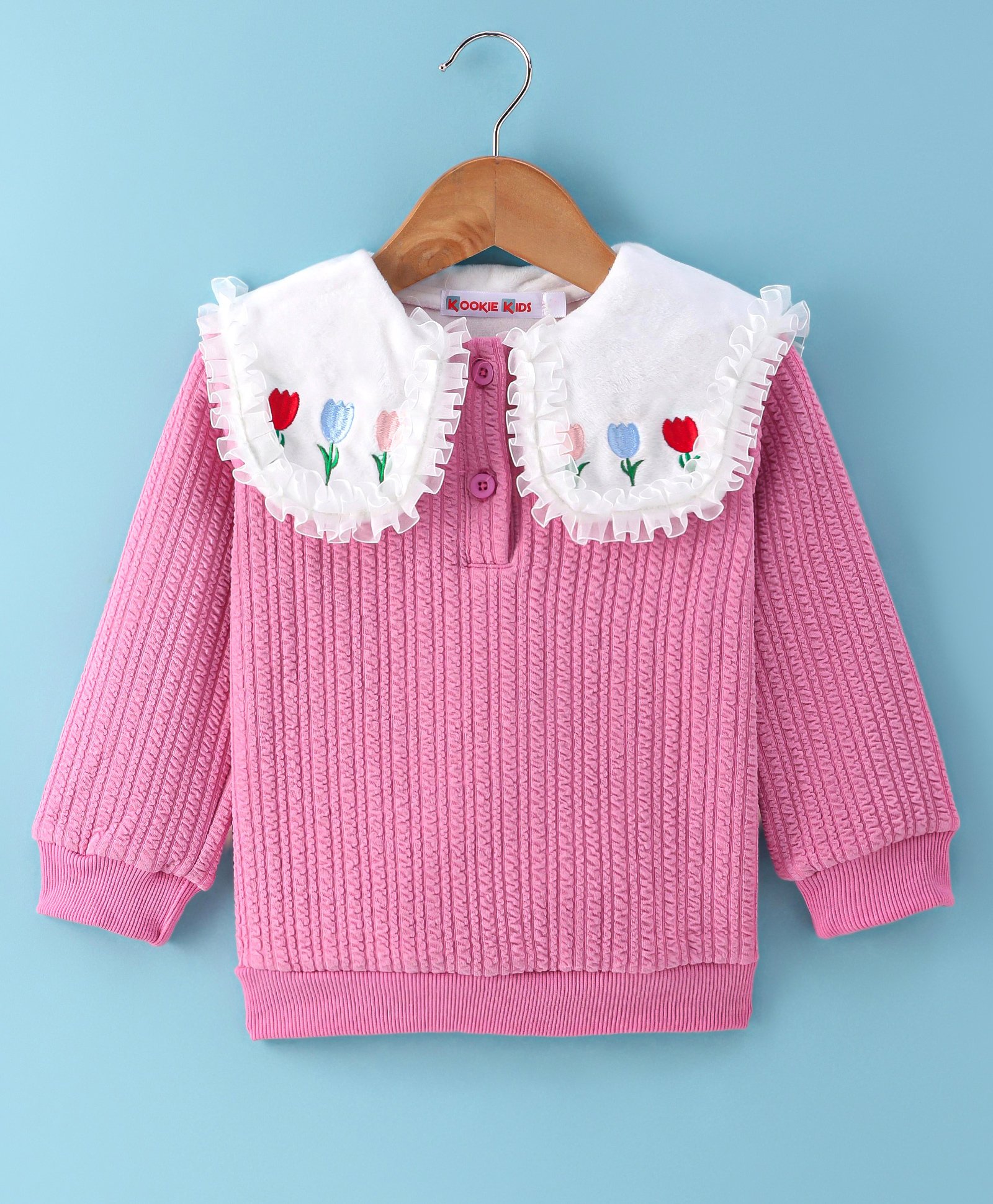 Kookie Kids Full Sleeves Winter Top with Floral Embroidery - Pink & White-picture-28