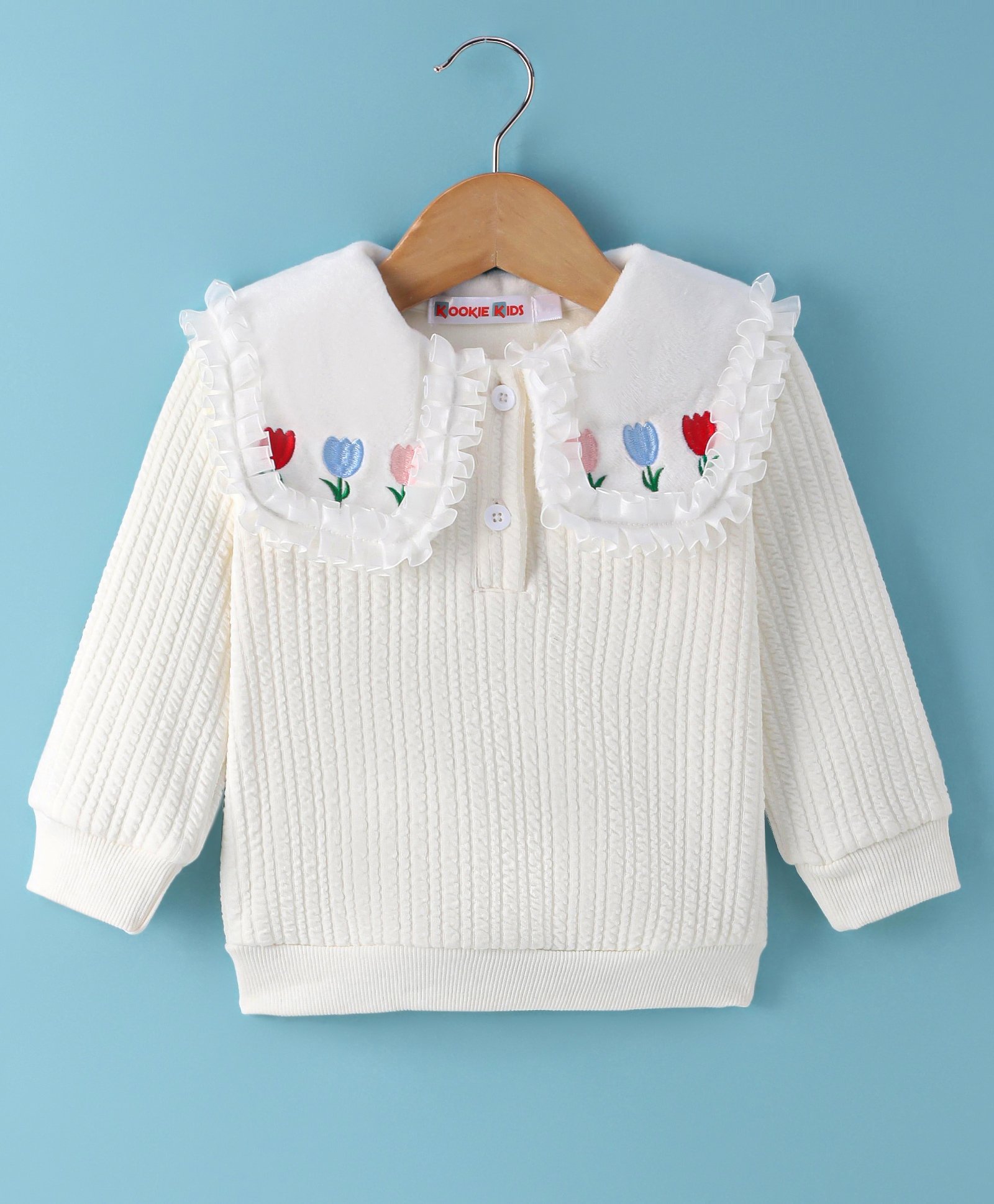 Kookie Kids Full Sleeves Winter Top with Floral Embroidery - White-picture-15