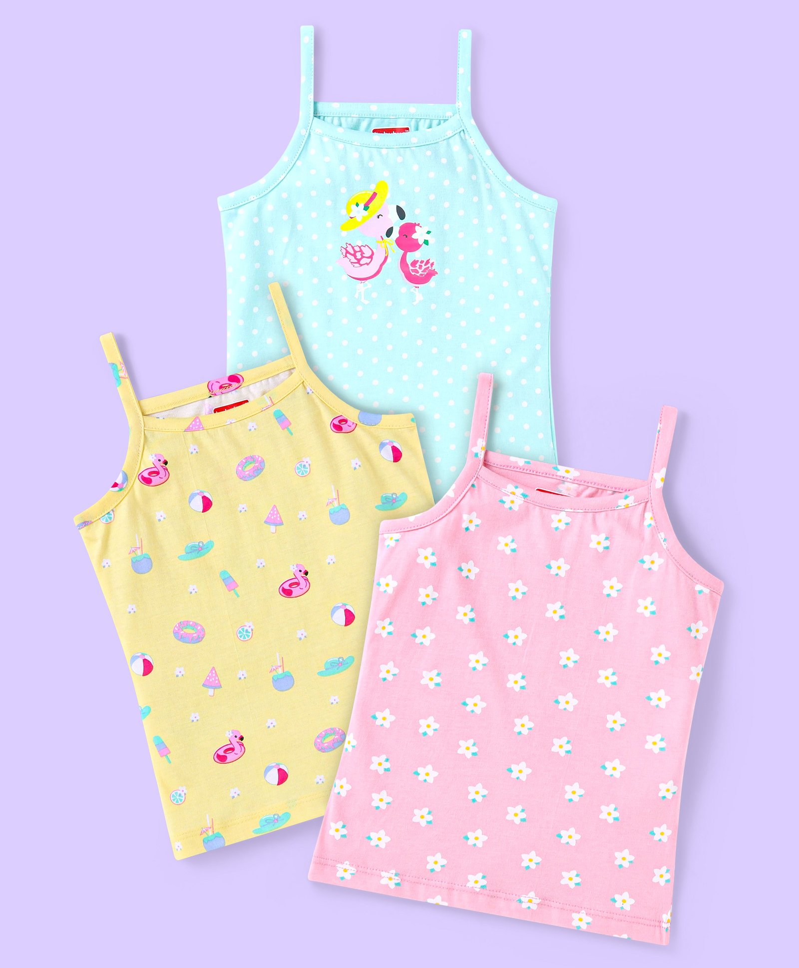 Babyhug100% Cotton Knit Singlet Sleeves Slips Polka Dot & Duck Print Pack of 3 - Pink Blue & Yellow-image-28